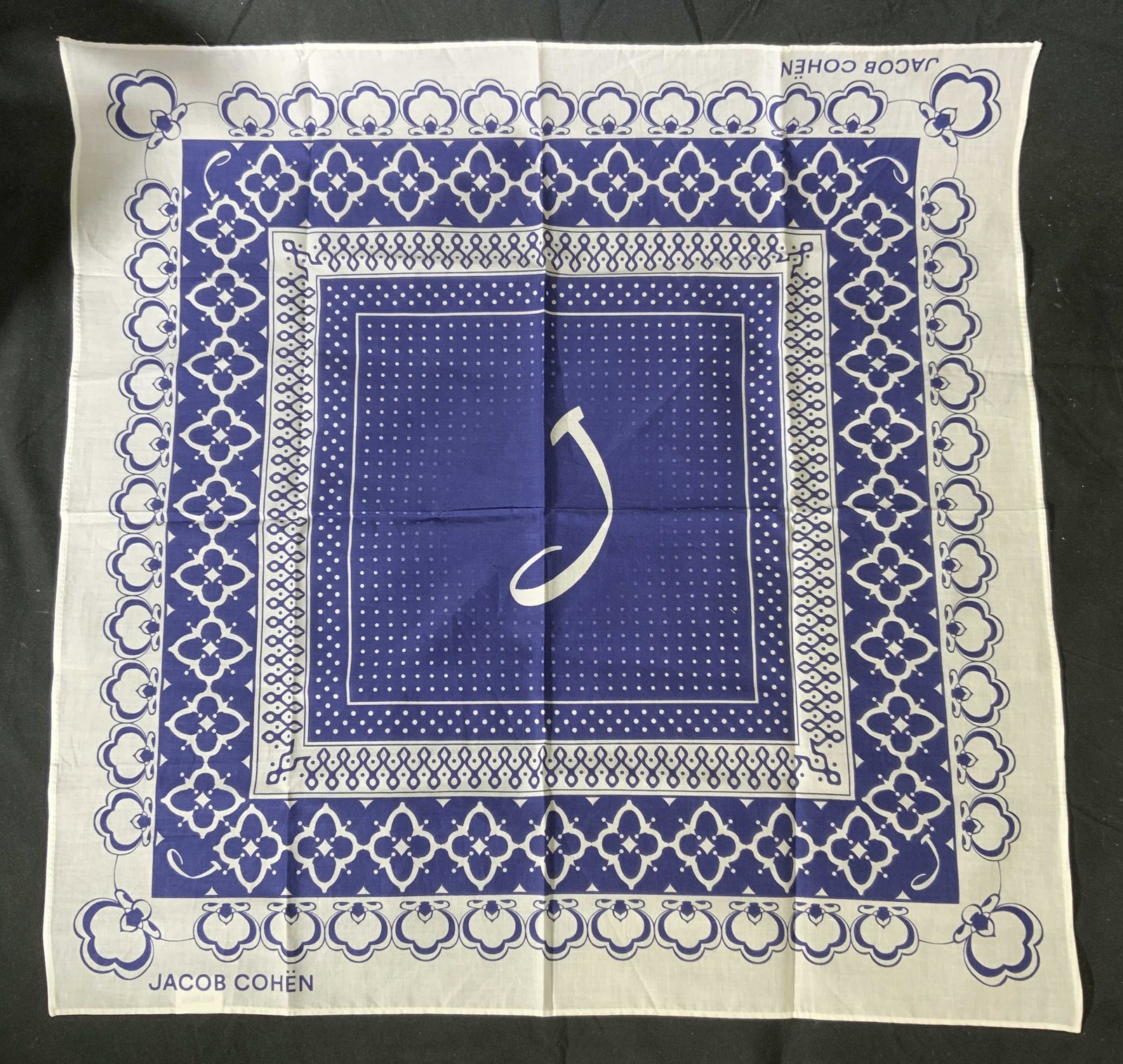 JACOB COHEN Blue & White Scarf Bandana: Jacob Cohen blue and white printed cotton Bandana. Measures approx. 21.5 x 21.5 inches. Designer label printed to lower edges. In good condition, possibly never worn. Jacob cohen, Jacob cohen Bandana,