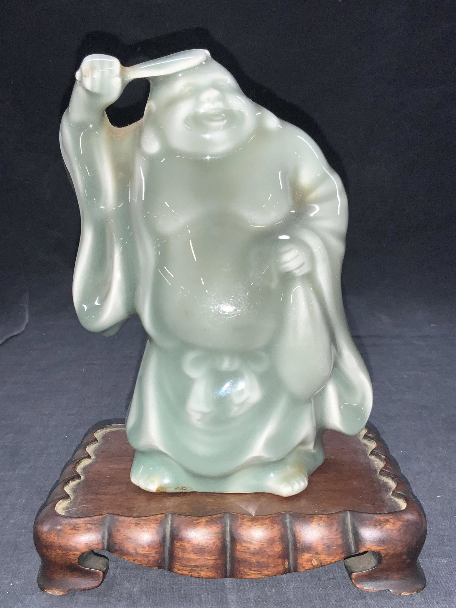 Ceramic Standing Laughing Buddha On Wooden Stand (1 of 8)