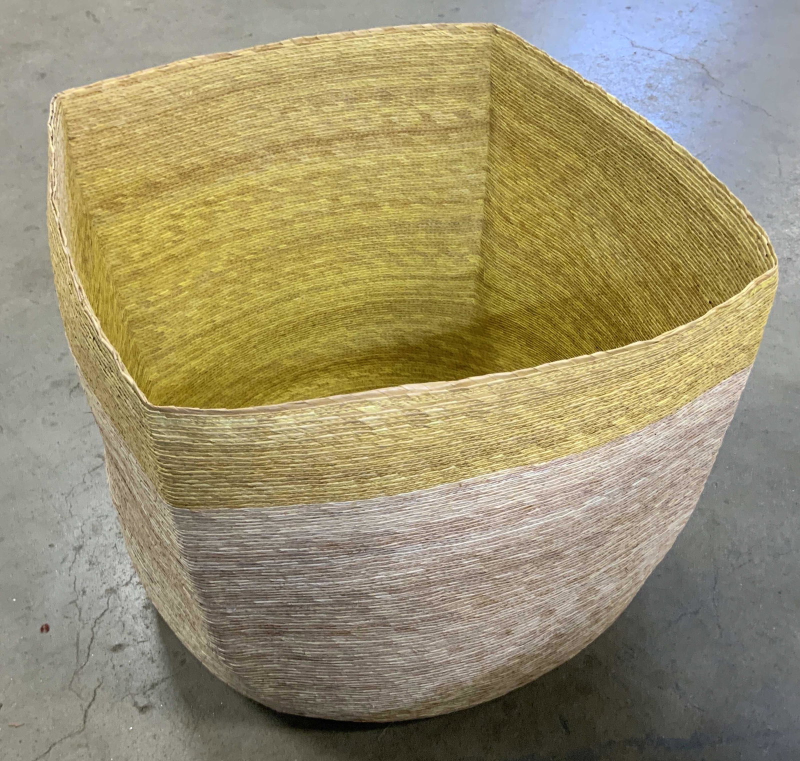 Vintage Woven Floor Basket: A vintage woven floor basket. Neutral hues. Measures approx 15H x 20W in. Some wear consistent with use. Vintage woven basket, baskets, storage, collectibles, floor decor, entry with decor, mud room d