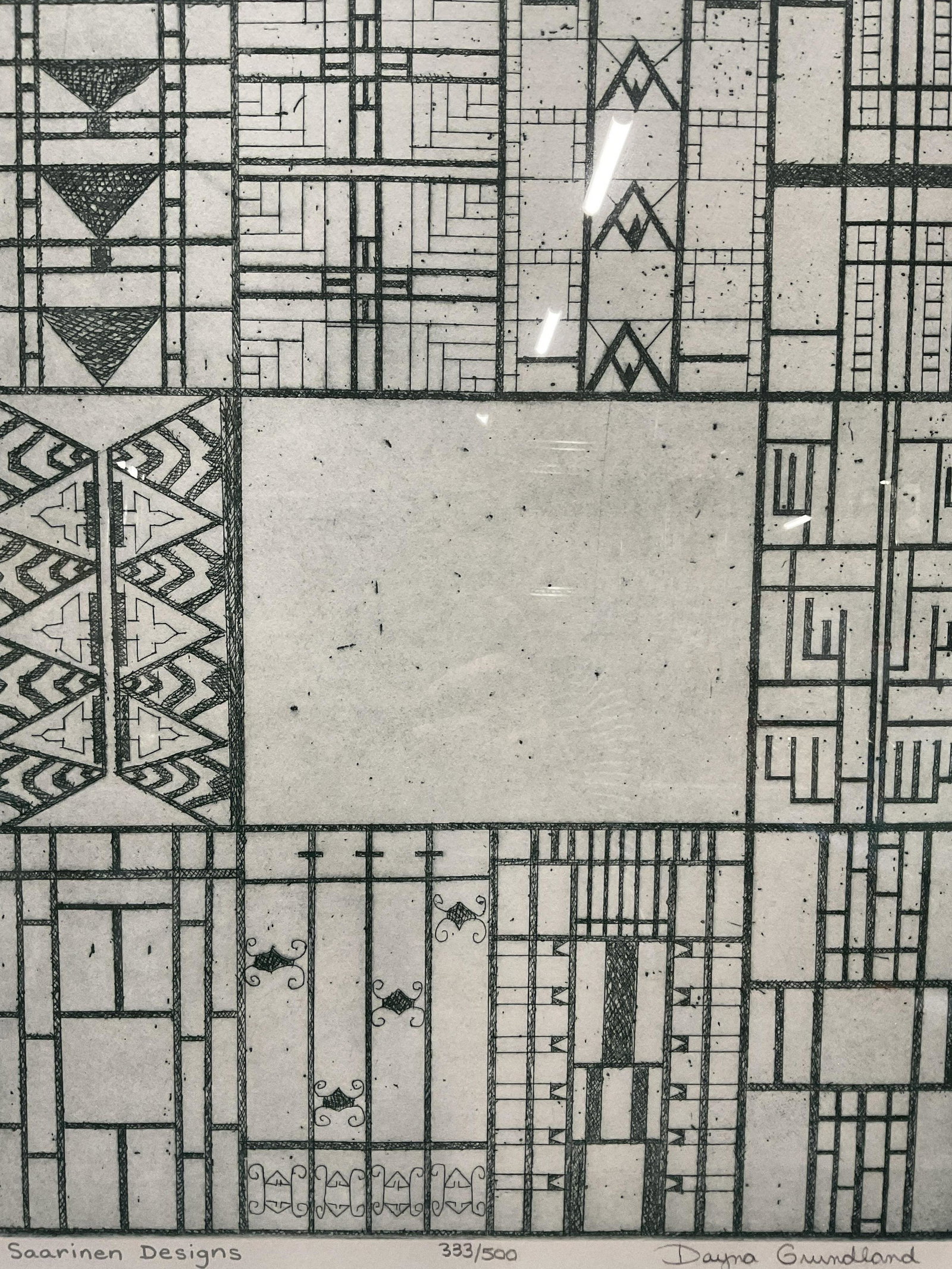 SGND Limited Framed Print, Dayna Grundland: Signed limited Framed print by Dayna Grundland. Numbered 333/500. Left hand corner reads Saarinen Designs. Signature to lower right. Framed in a silver metal frame, followed by a green mat. Widow insi