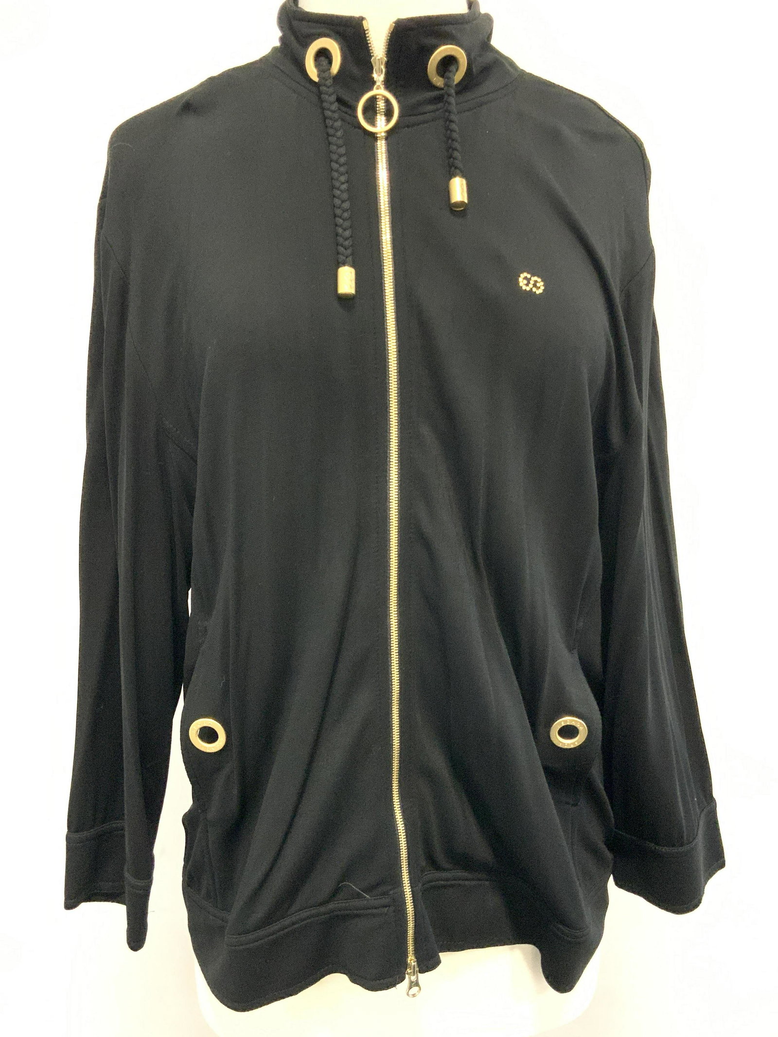 ESCADA SPORT Zip Up Jacket: Black toned sheer zip up jacket with gold toned accents and zipper. Marked on designer tag Escada Sport, XL, viscose and Lycra. Escada jacket, zip up jacket, Escada Signed clothing, Escada zip up, spo