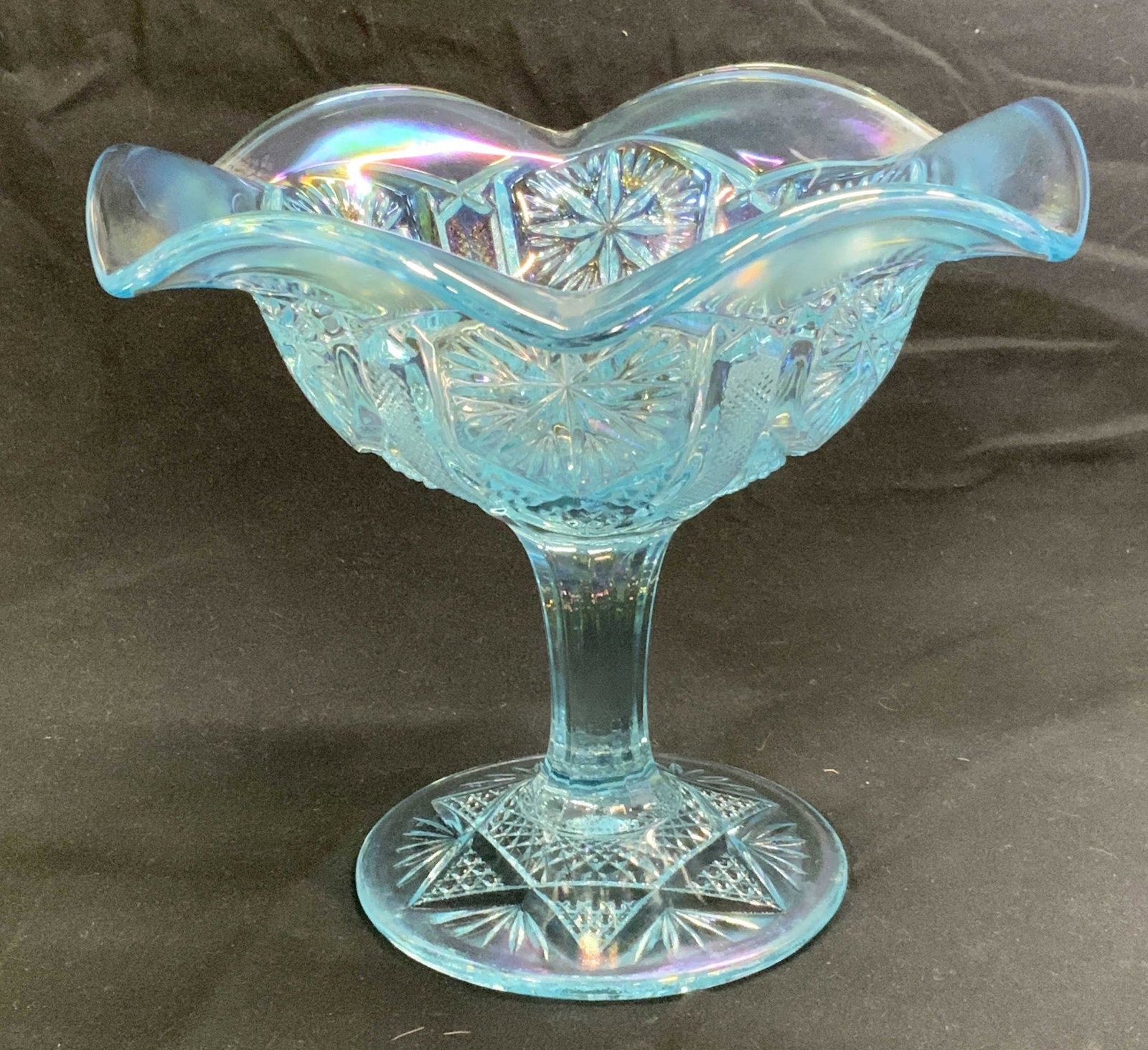 Vintage Blue Iridescent Art Glass Footed Bowl (1 of 6)