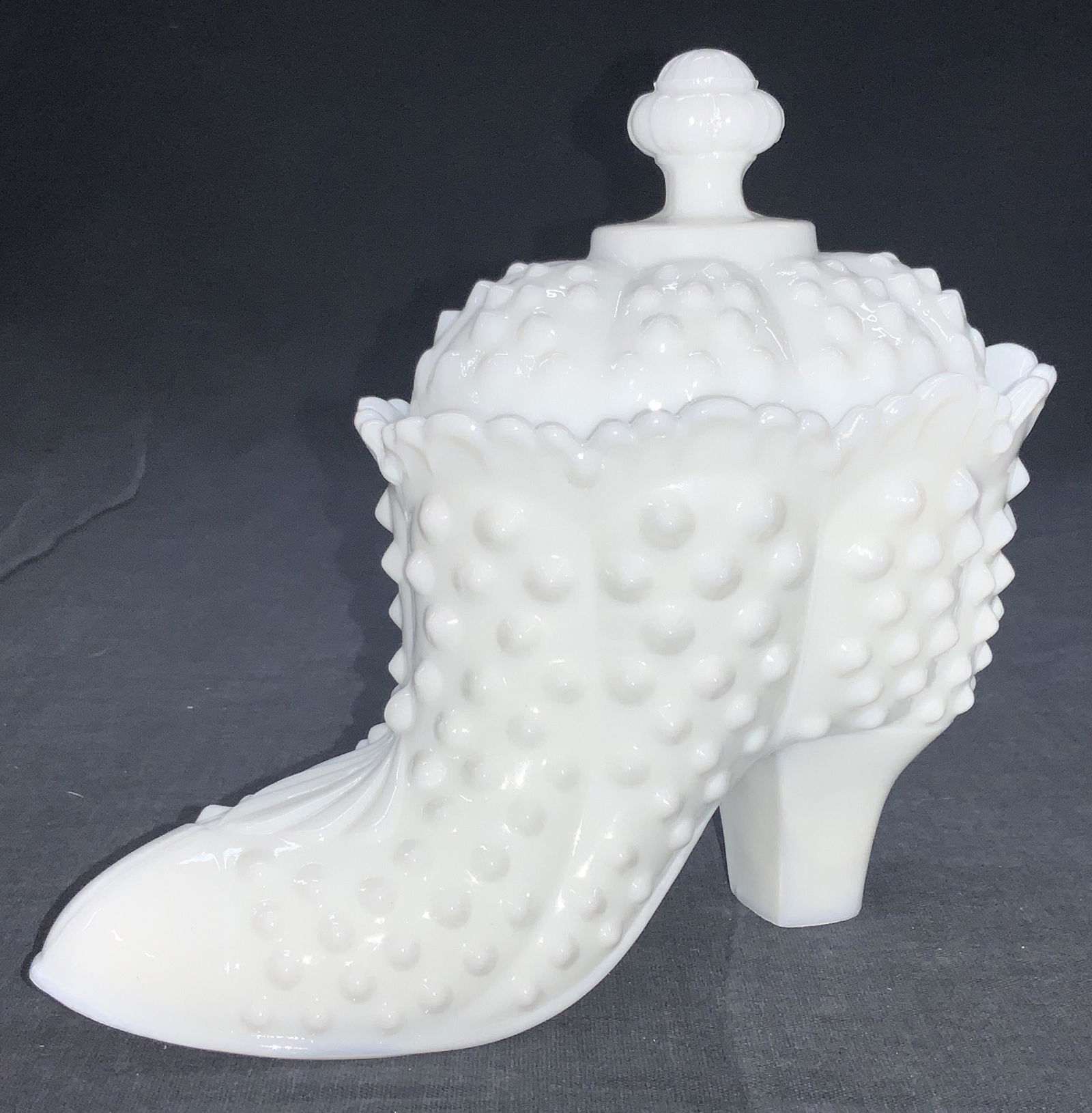 Fenton Hobnail Milk Glass High Heel Shoe Vessel (0424) on Jan 11, 2023