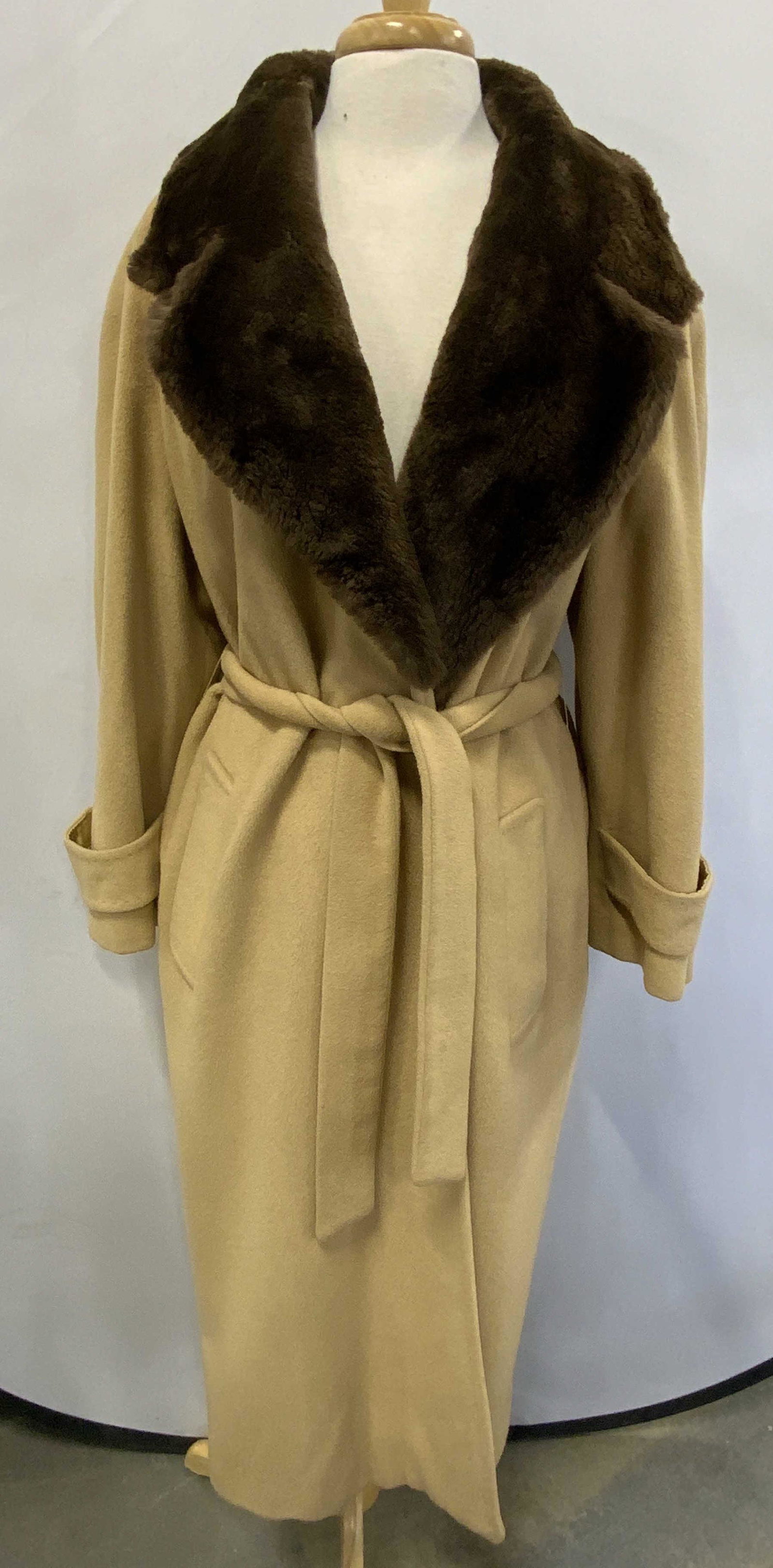 SAKS FIFTH AVE Camel Hair Fur Trim Coat (1 of 7)