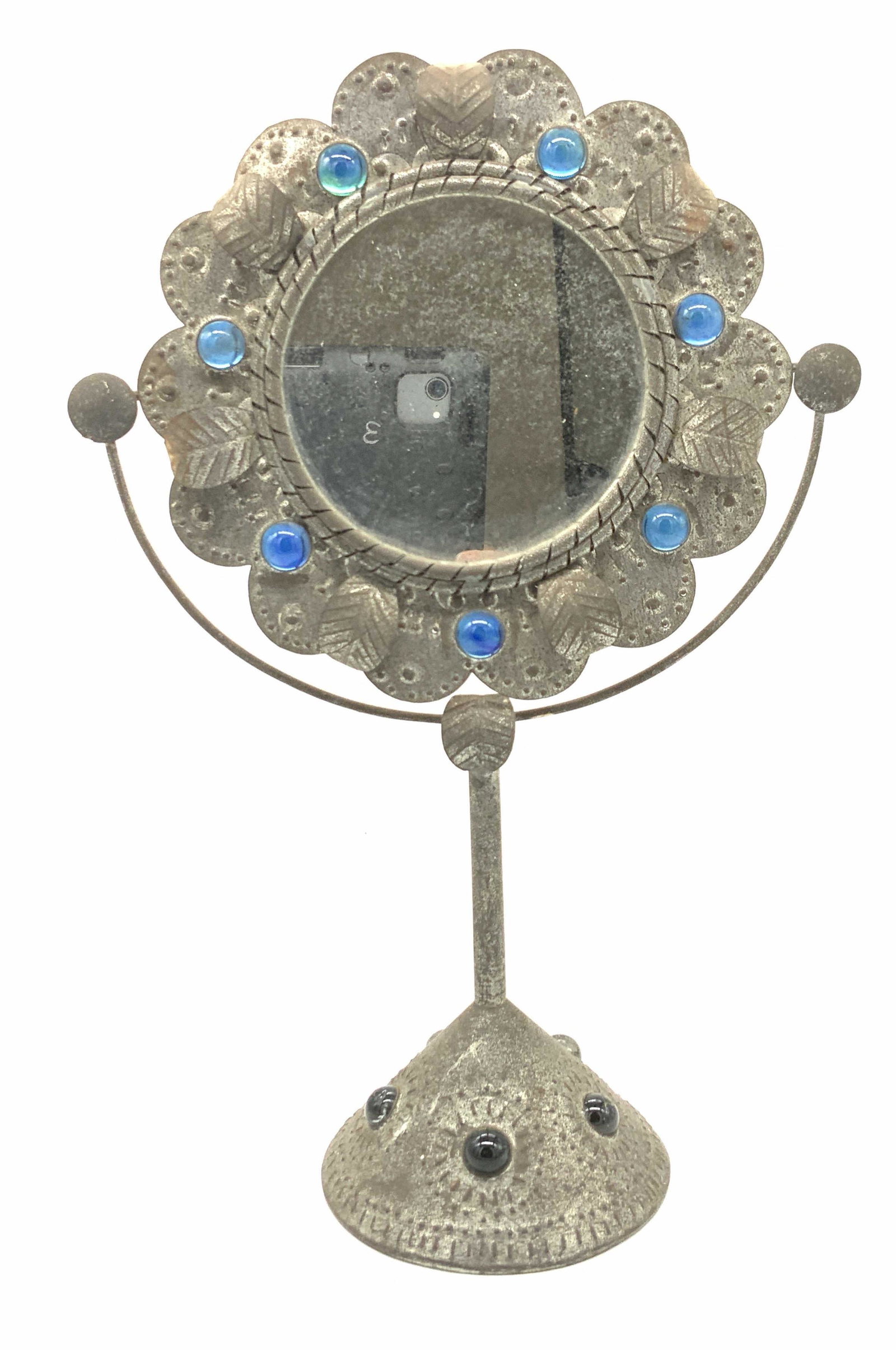 Repousse Tin Metal Mirror w Glass Accents (1 of 6)