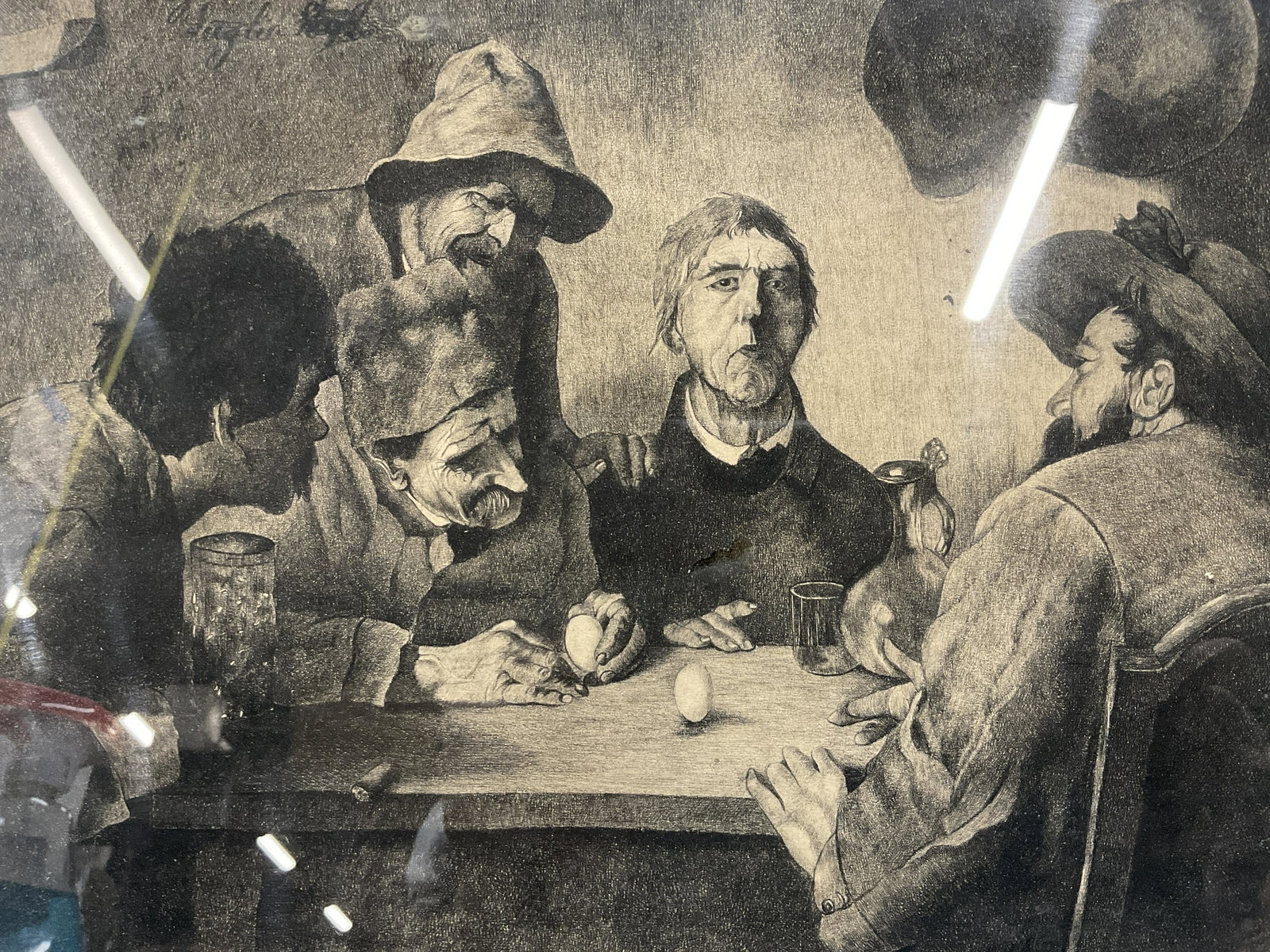 Antique OLGA SENIGAGLIA Etching: Antique OLGA SENIGAGLIA Etching, inscription to upper left partially illegible appears to read Olga SENIGAGLIA Lugio 1896, subject figures seated around a table, measures 12 3/4 x 16 3/4 inches, woode