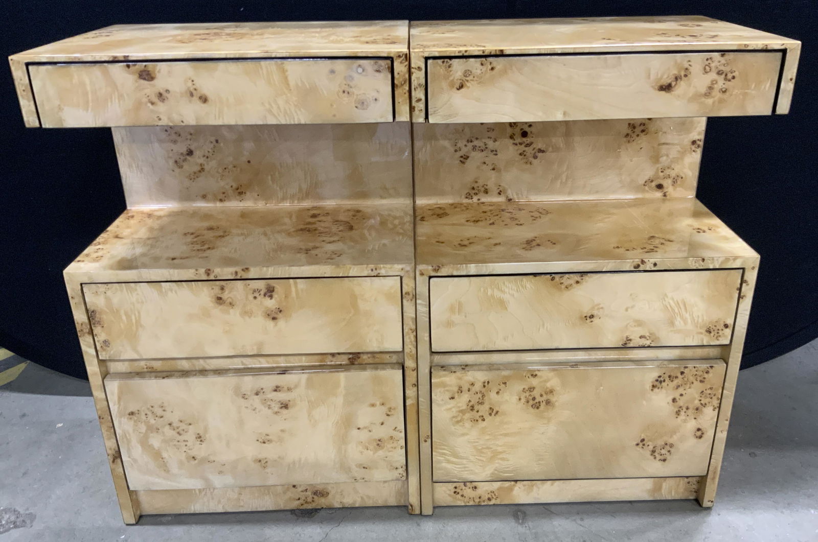 Pair Triple Drawer Burl Lacquered Nightstands (1 of 16)