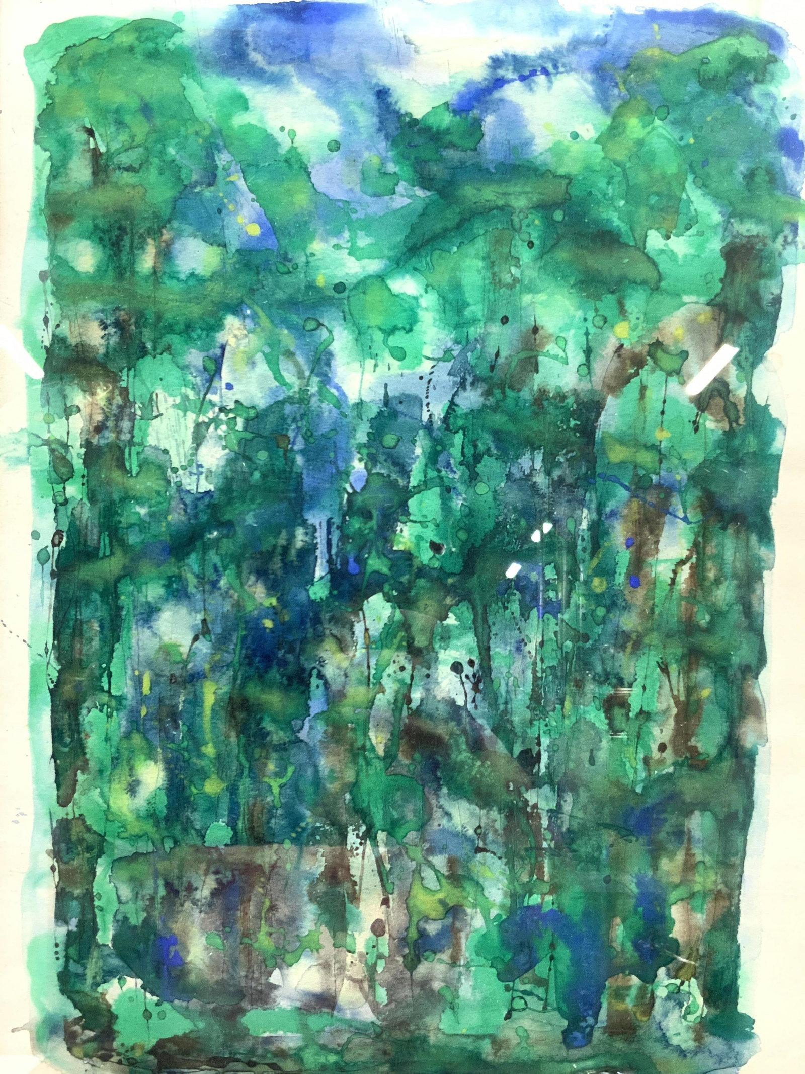 Signed Stapells Ontario Summer Watercolor On Paper: Signed On lower right corner in graphite Stapells, 66. Titled Ontario Summer. Subject depicts an abstract painting in water color in tones of greens and blues in splatter techniques. Approximately 25 