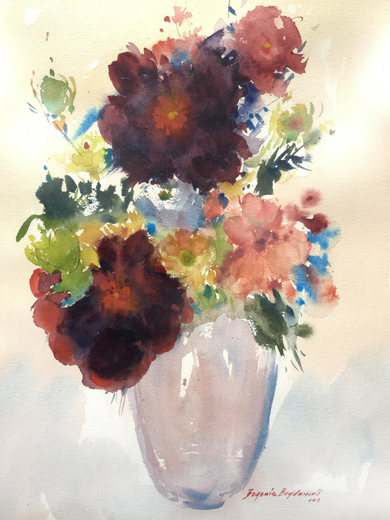 BOGOMIR BOGDANOVIC Signed Floral Watercolor: Signed Bohomir Bogdanovic on lower right side. AW6. Subject depicts a flower vase with loose forms of flowers in various hues and sizes. Approximately 22.5 x 18.5 inches, Window measures 17 x 12.75 in