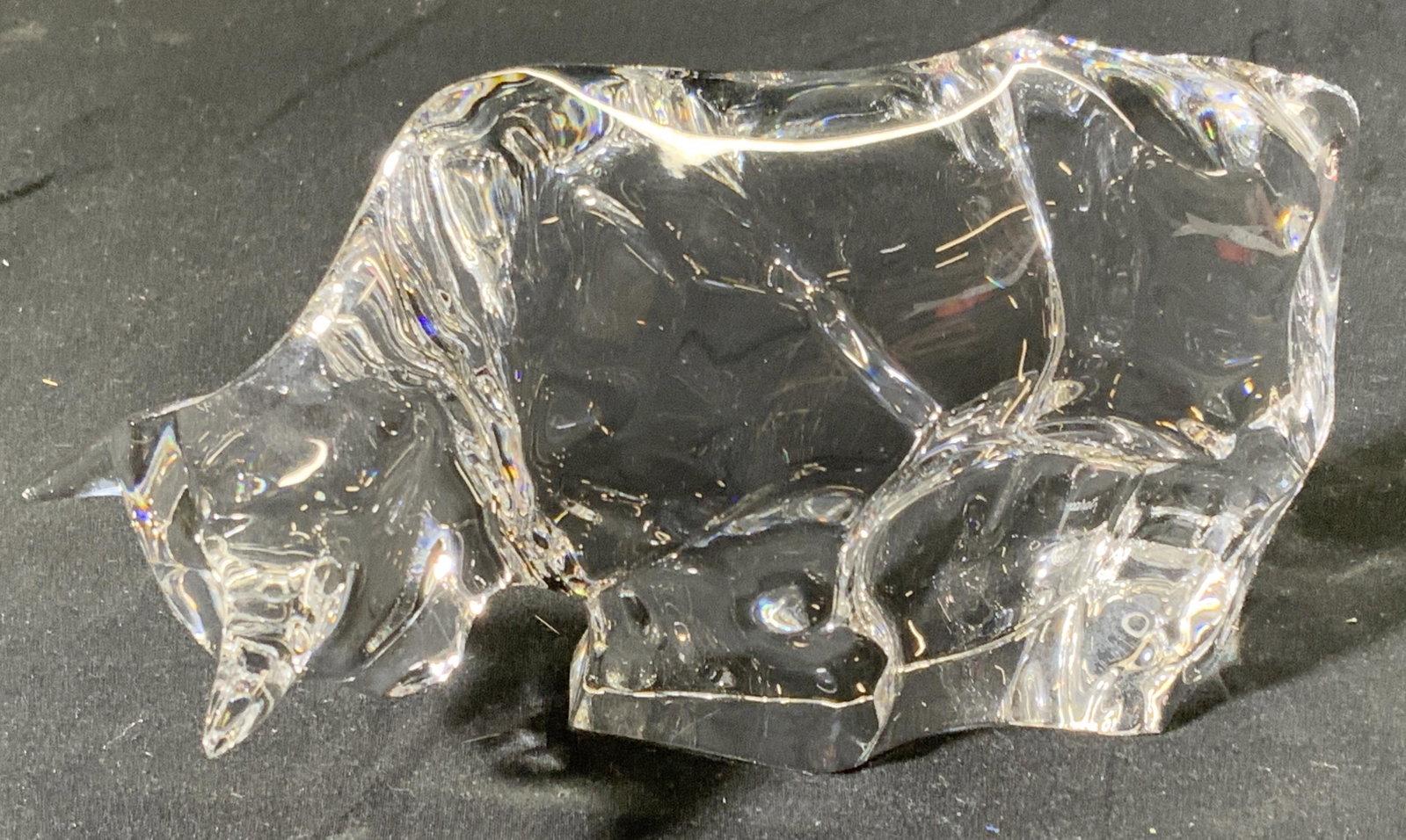 BACCARAT Crystal Bull Figurine, France: Baccarat Crystal bull figurine. Signature etched to underside. Measures approx. 6.5 x 2.5 x 3.5 inches. In good condition. Made in France. Baccarat, baccarat figurine, baccarat bull, collectibles, cry