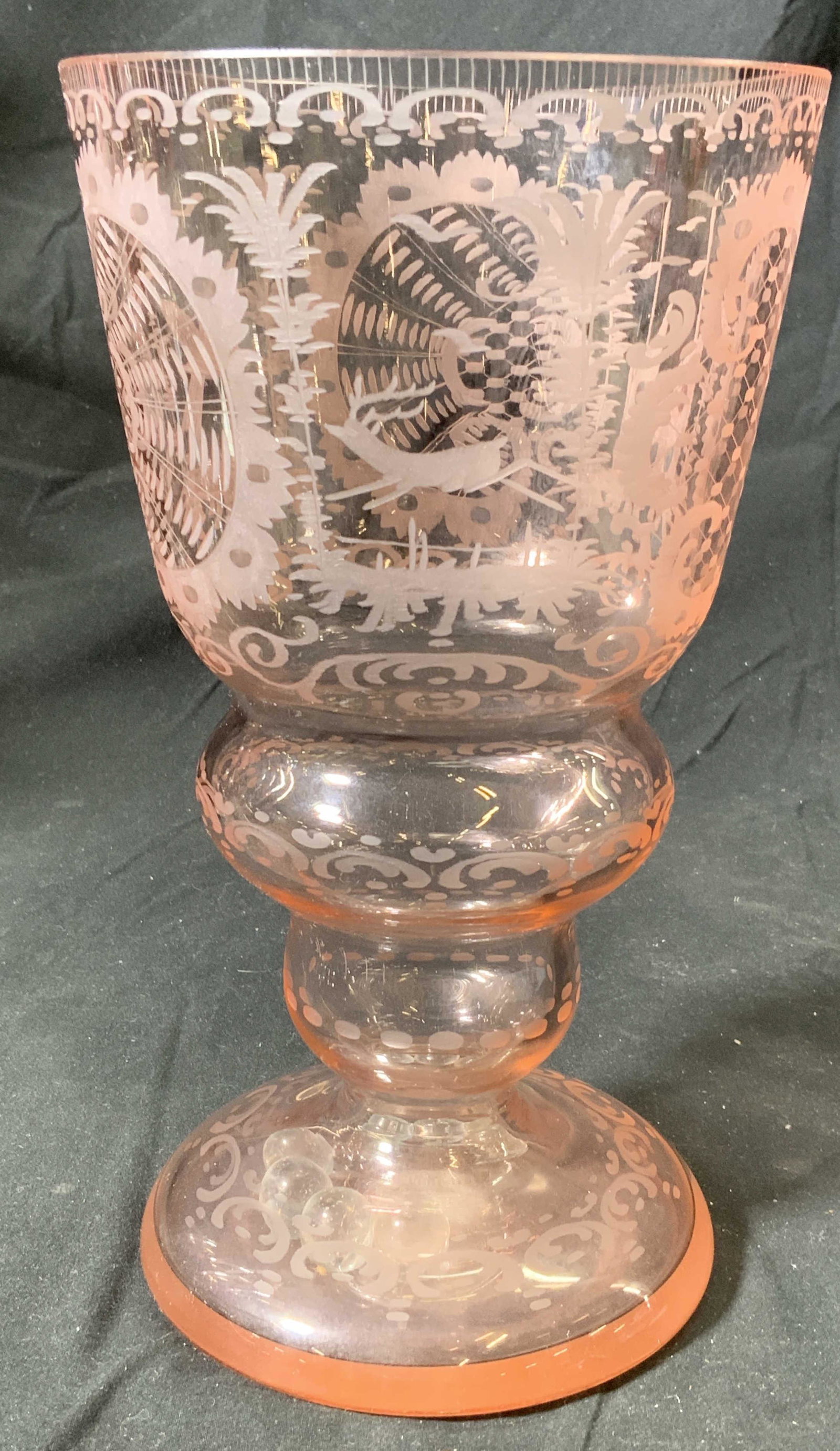 Antique Pink Art Glass Goblet Vessel: Antique 19th century pink art glass goblet vase/vessel with etched stag and shell motif. Surface wear consistent with age and exposure. Measures approx. 5 inches diameter and 9 inches tall. Antique go