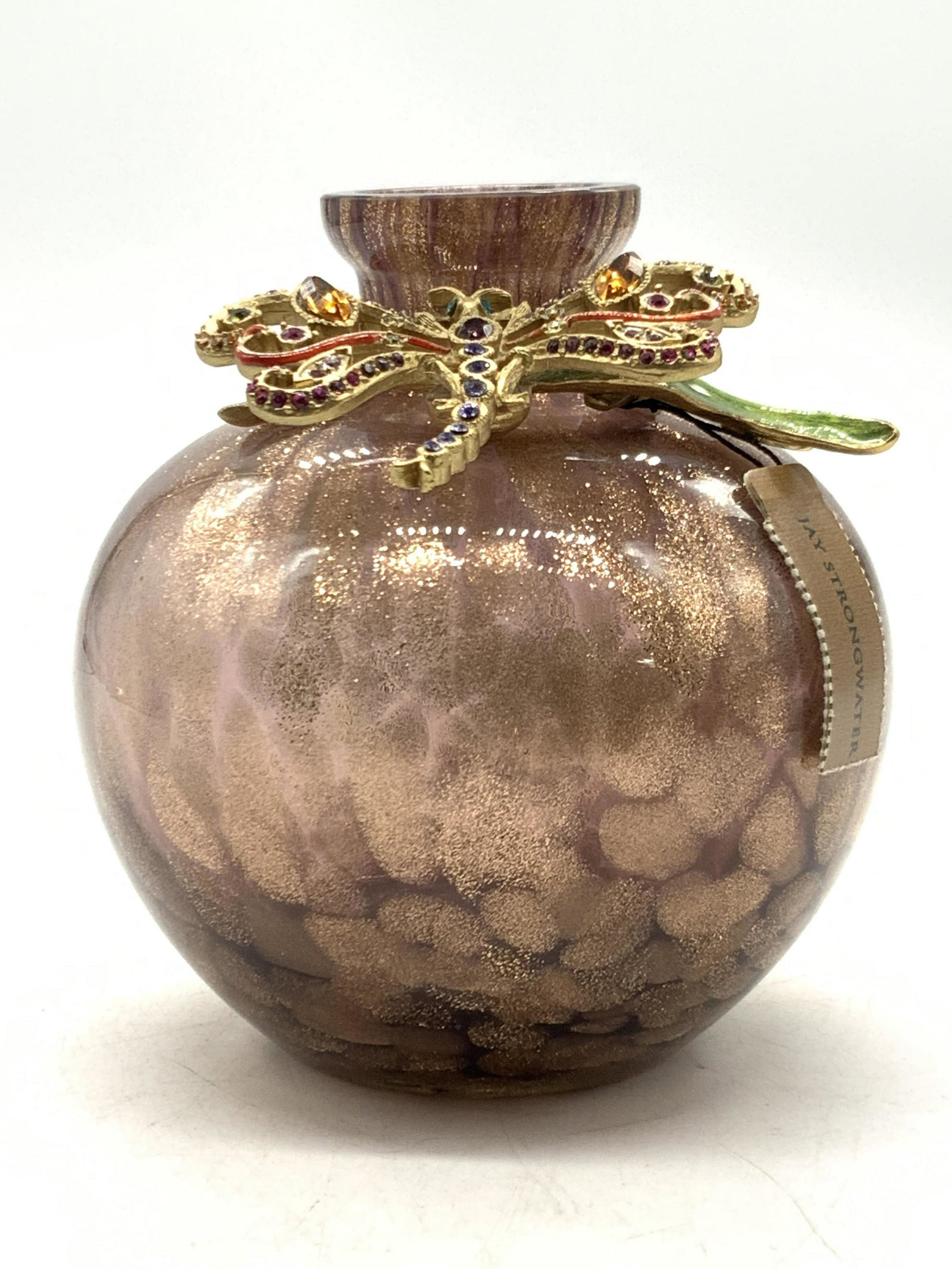 JAY STRONGWATER Murano Style Art Glass Vase, NWT: Murano style art glass vessel with shimmering brown toned glass, affixed to the neck of the vase is an enamel dragon fly charm. Approximately 4.5 inches tall. New with tag marked Jay Strongwater. Jay 