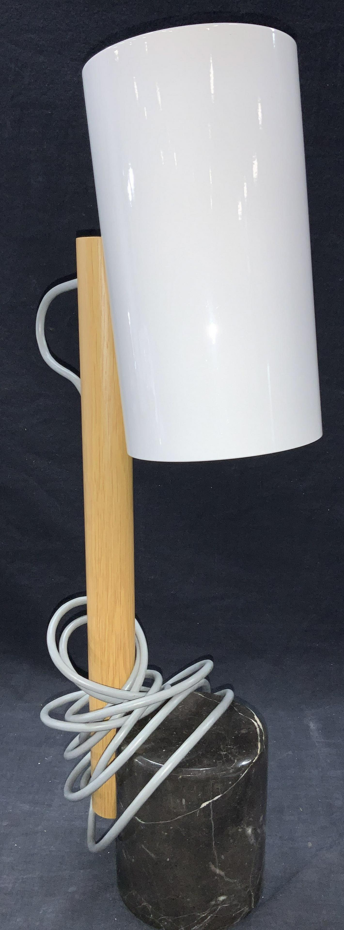 Art Deco Stone Base Tabletop Lamp: Art Deco tabletop lamp with wooden stem, white shade and solid stone base. Approximately 22.25 inches tall. Not tested for functionality. Art Deco lamp, lighting, Art Deco lighting, tabletop accessori