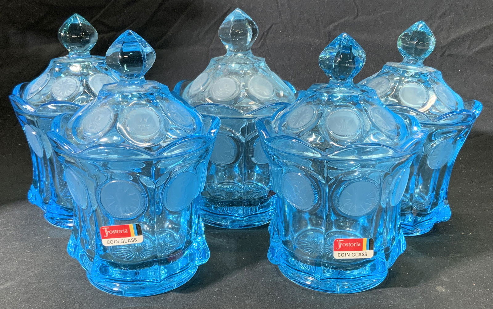 Set 5 Vtg FOSTORIA Blue Coin Glass Candy Bowls (1 of 8)