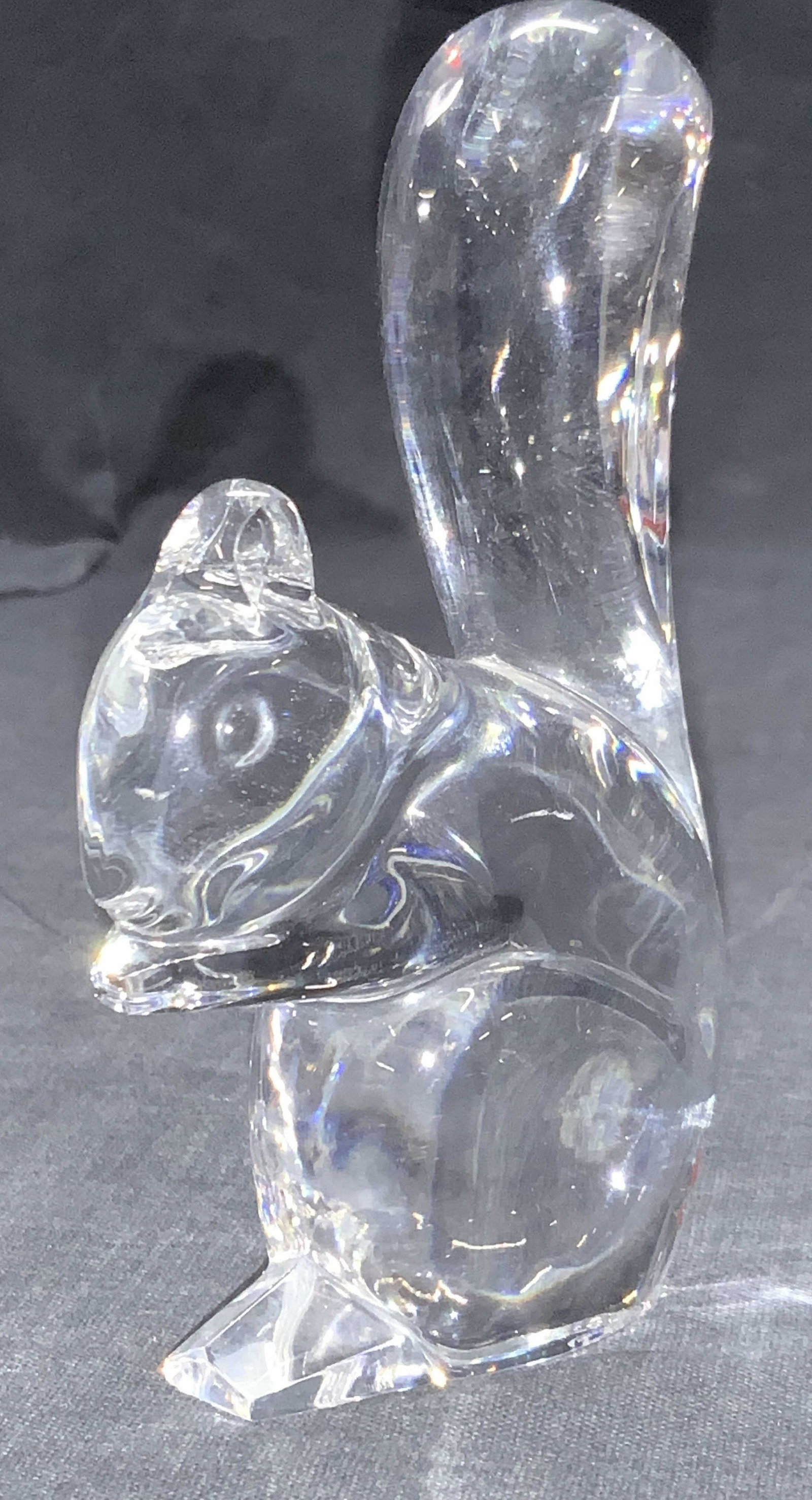 BACCARAT Crystal Squirrel Figural: Clear crystal Figural depicting a squirrel with its hands to its mouth. Marked Baccarat, France on underside. Approximately 5.5 inches tall. Baccarat Crystal, crystal Figural, crystal decor, animal de