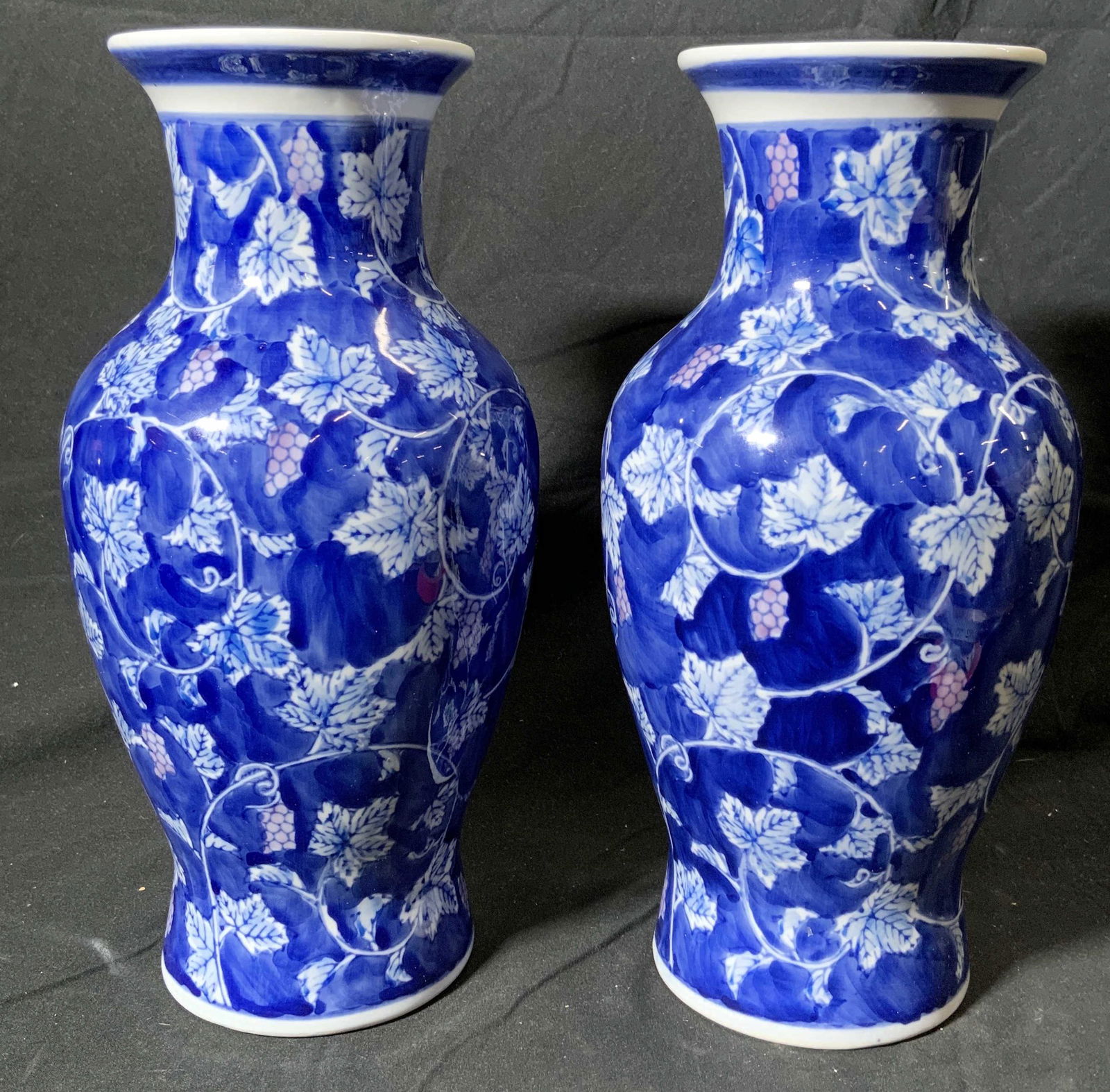 Pair Blue Glazed Grapevine Motif Ceramic Vases (1 of 5)