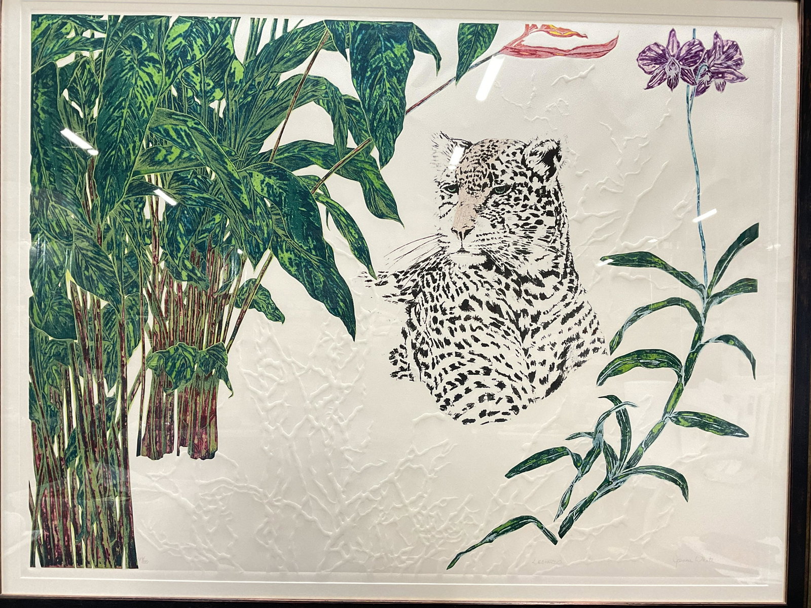 SGND XL J. White, Leopardo, Embossed Silk Screen: SGND Jonna White, Leopardo, Embossed Silk Screen Print. Numbersd to lower left, 47/150, titled to bottom center Leopardo and signed in graphite Jonna White. Window within matting measures 40.25 x 30.7