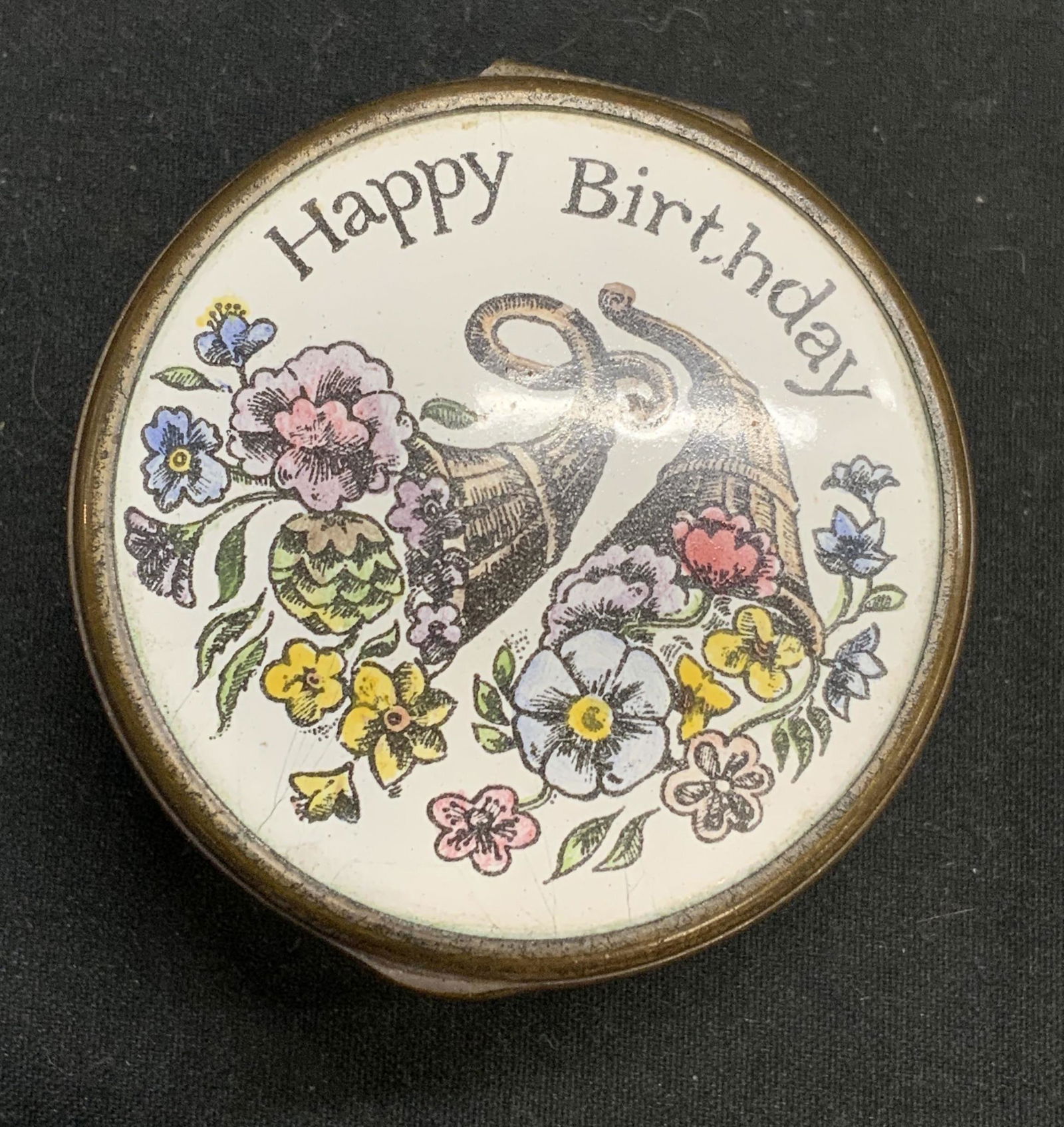 BILSTON Vtg Happy Birthday Enamel Pill Box (1 of 6)