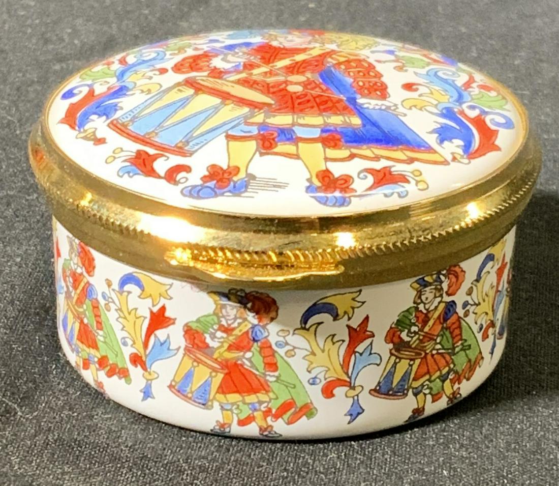 STAFFORDSHIRE ENAMELS Ltd Ed Drummer Trinket Box: Vintage limited edition Staffordshire Enamels pill box with drummer motif. Interior reads Christmas 1993. Hand painted enamel on metal. Trademarked to underside and marked edition 155/1000. Measures a