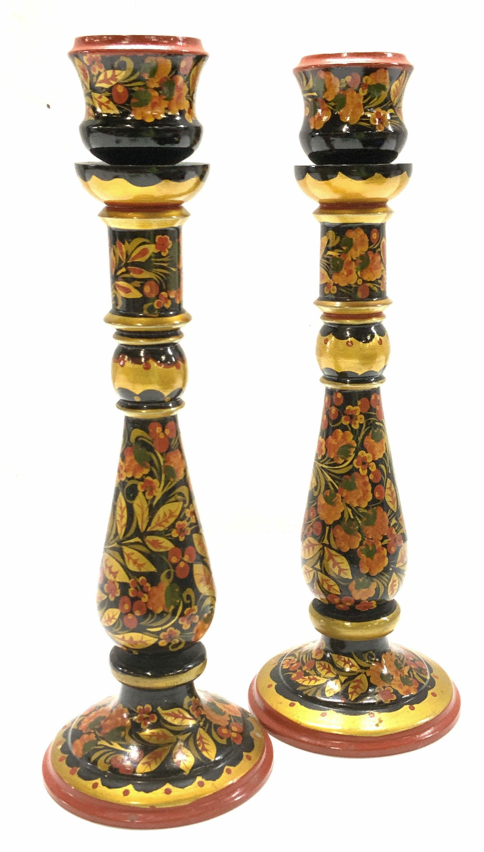 Pair Russian Lacquered Wood Candlesticks (1 of 5)