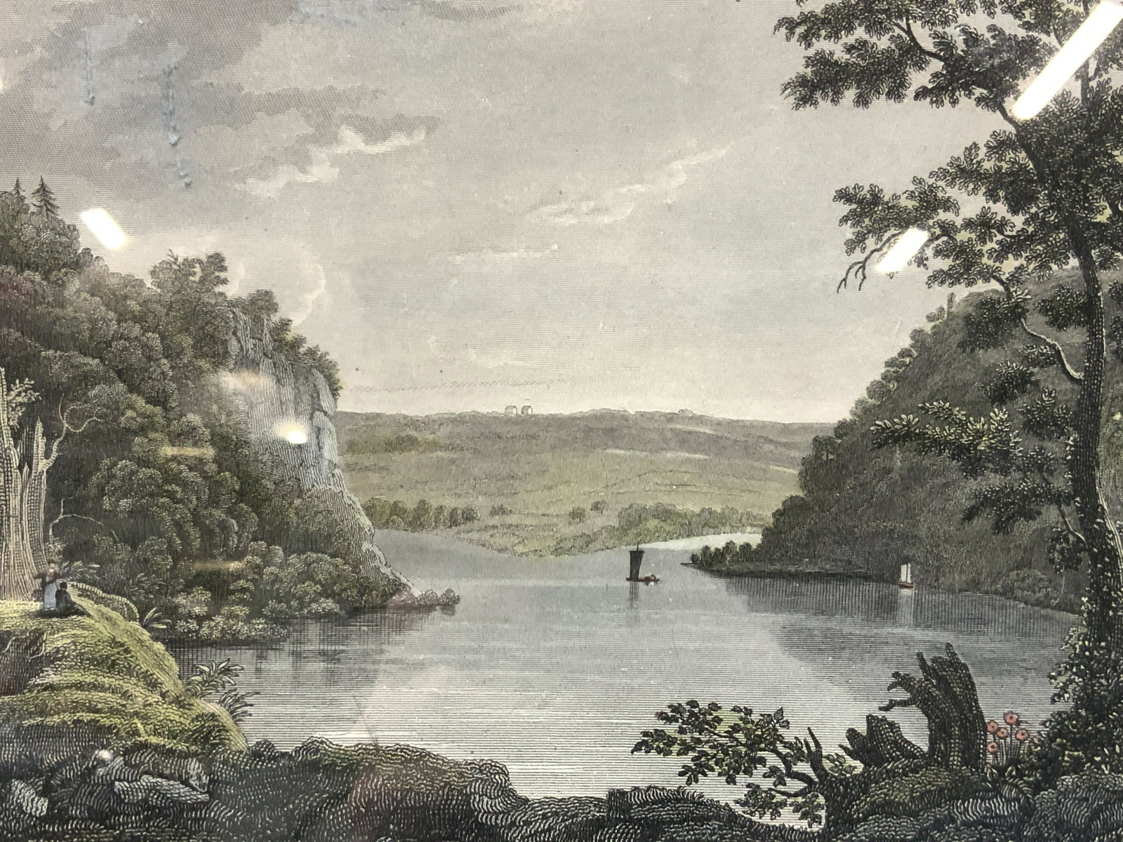 HARPERS FERRY Colored Plate Illustration: Marked with artist name on lower left, partially obscured. Subject depicts a landscape with center lake with boat on the water and lush cliff faces on the edges. Approximately 12 x 14 inches, window m