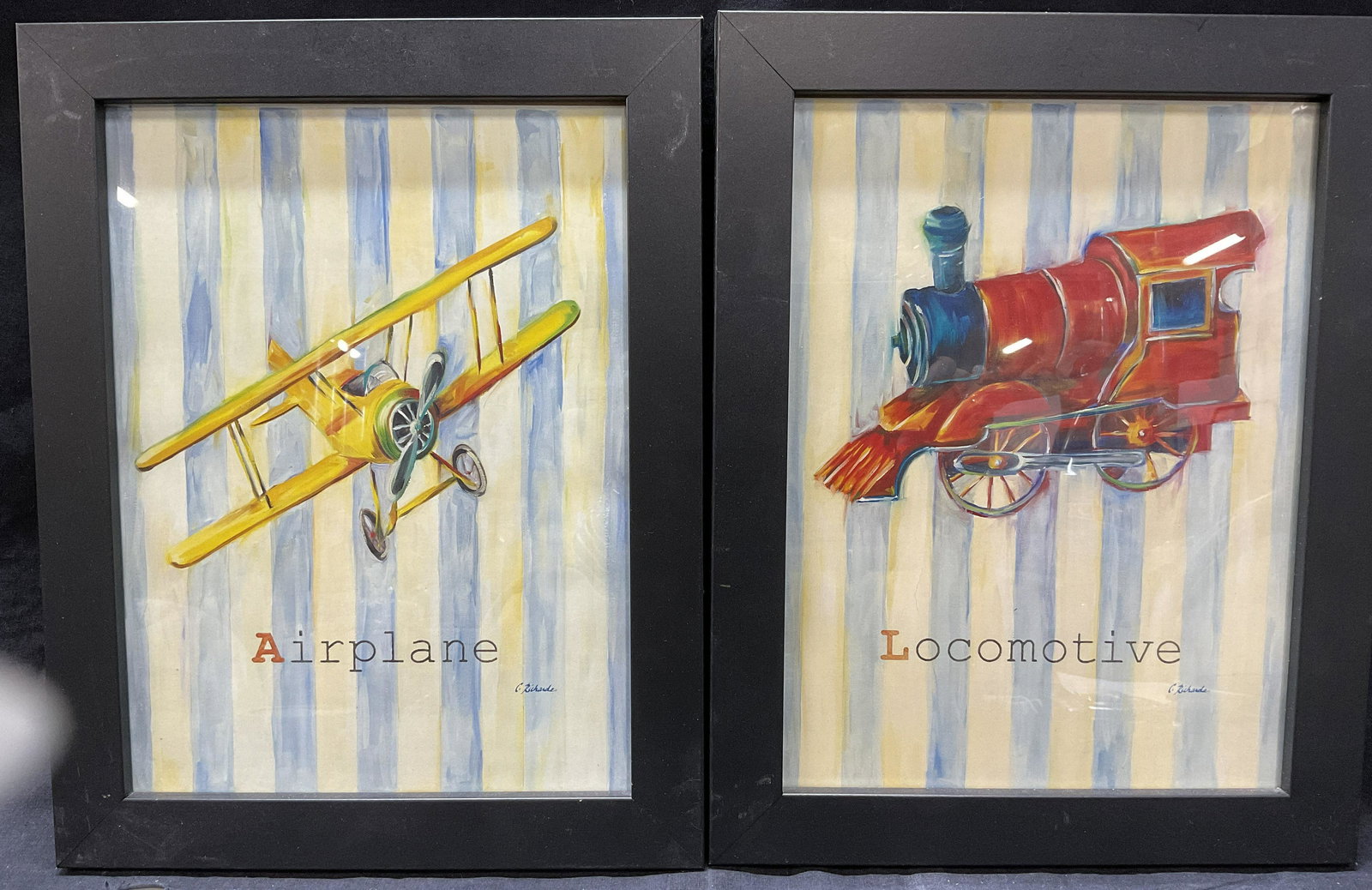 Pair FRAMED Locomotive & Airplane Lithographs (1 of 4)