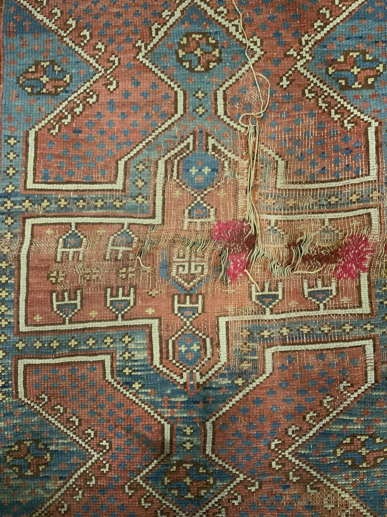 Vintage Handmade Turkish Wool Rug: Rug is vintage possibly antique. Piece has intricate multi toned geometric detail. Rug appears to be Turkish. Rug measures approx 46 inches long 35 inches wide. Rug, carpet, vintage rug, Turkish rug, 