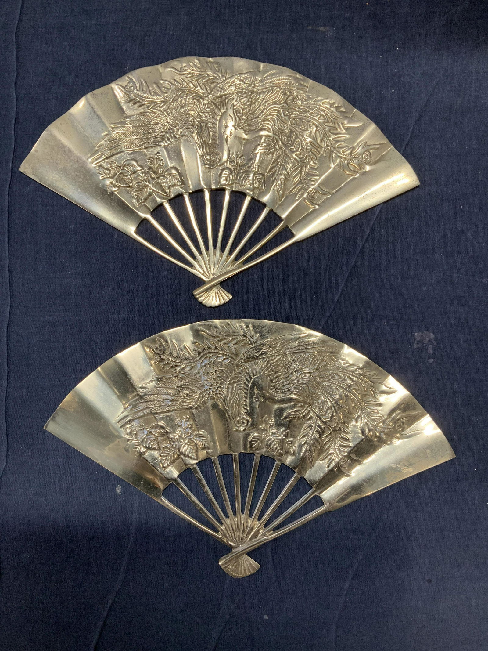 Pr Heavy Solid Brass Asian Wall Fans w Fenghuang (1 of 5)