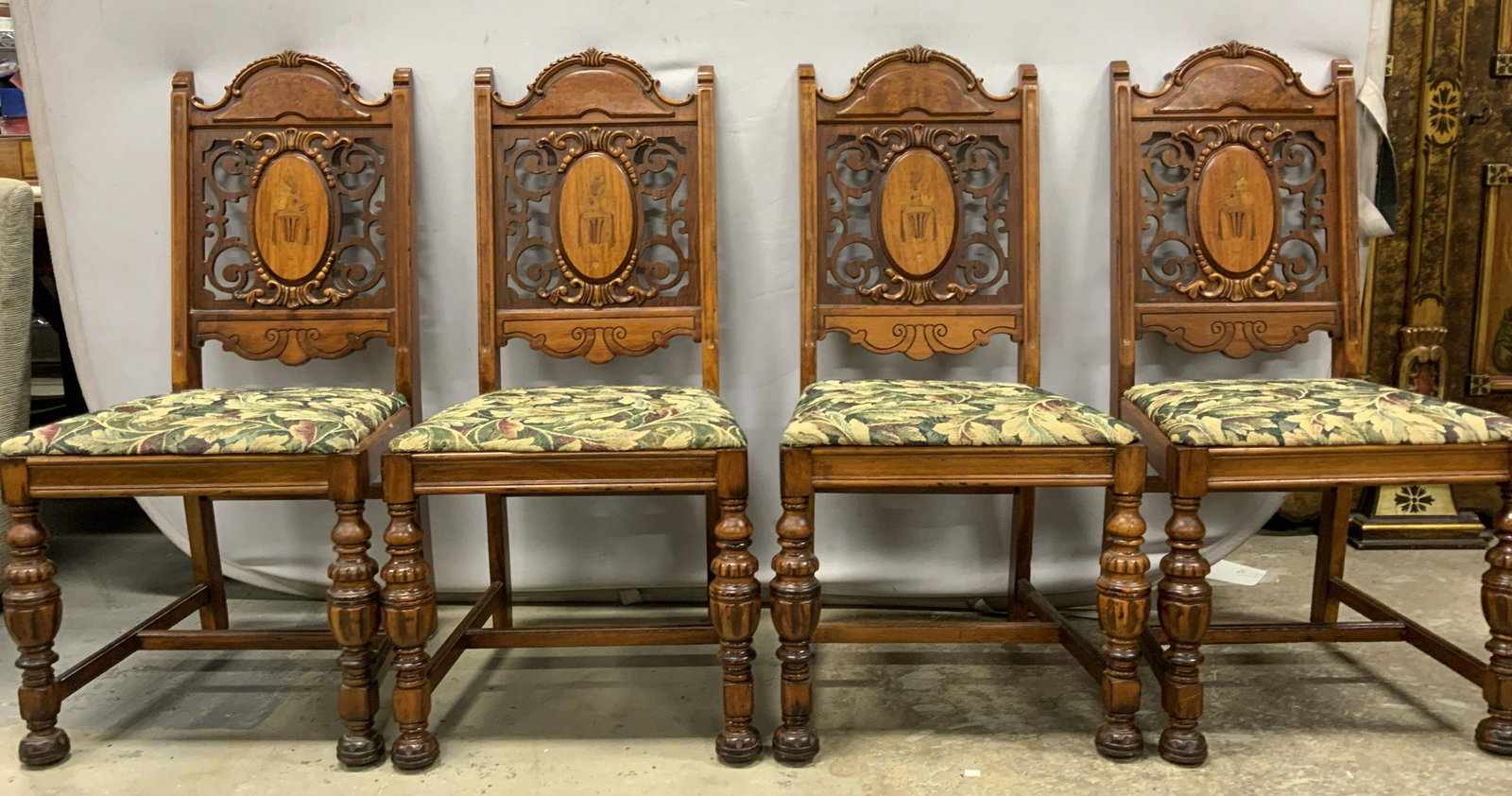 4 Jacobean Carved Wooden Marquetry Dining Chairs (1 of 12)