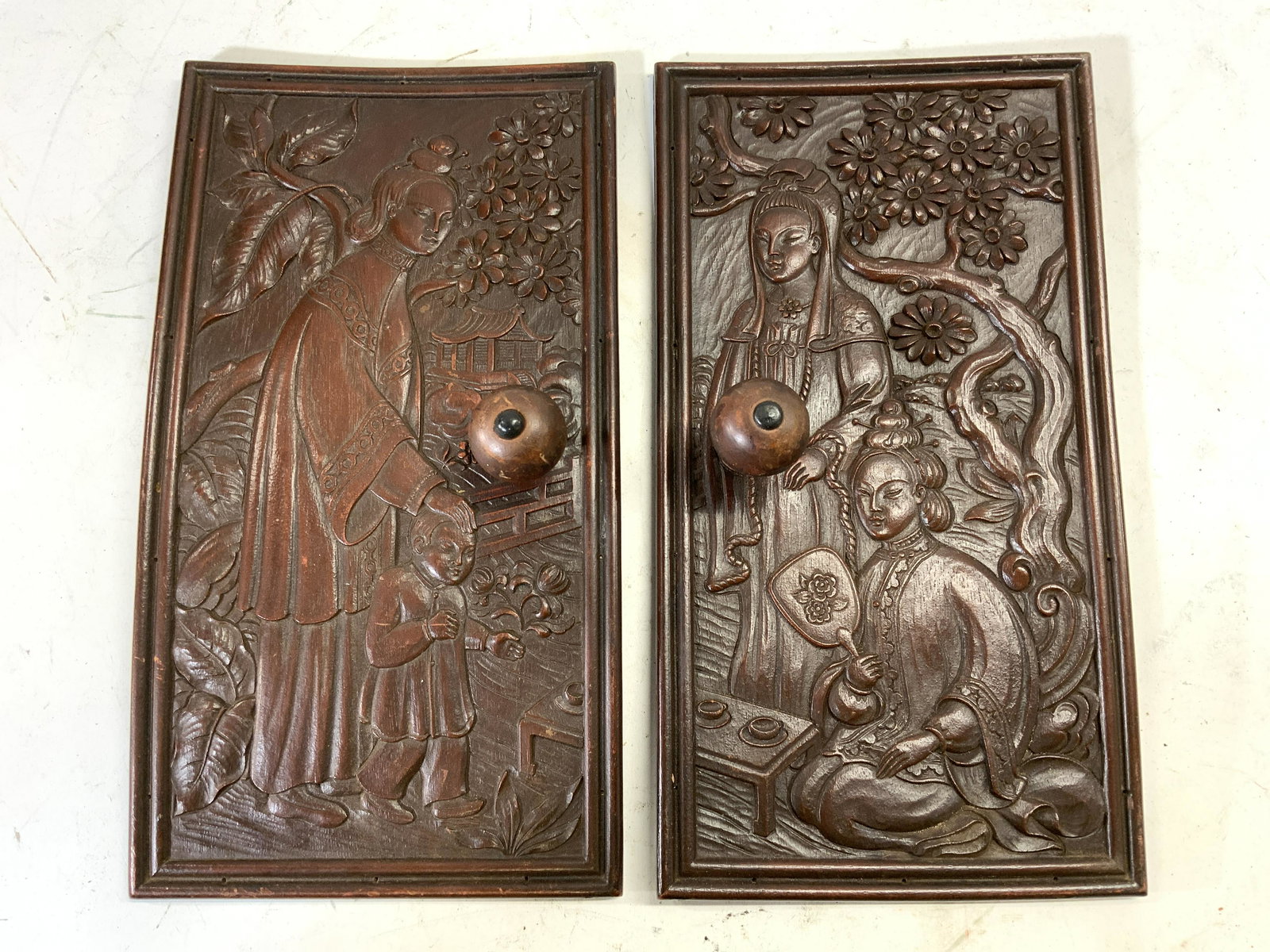 Vntg Wood Asian Panels Relief Hand carved (1 of 8)
