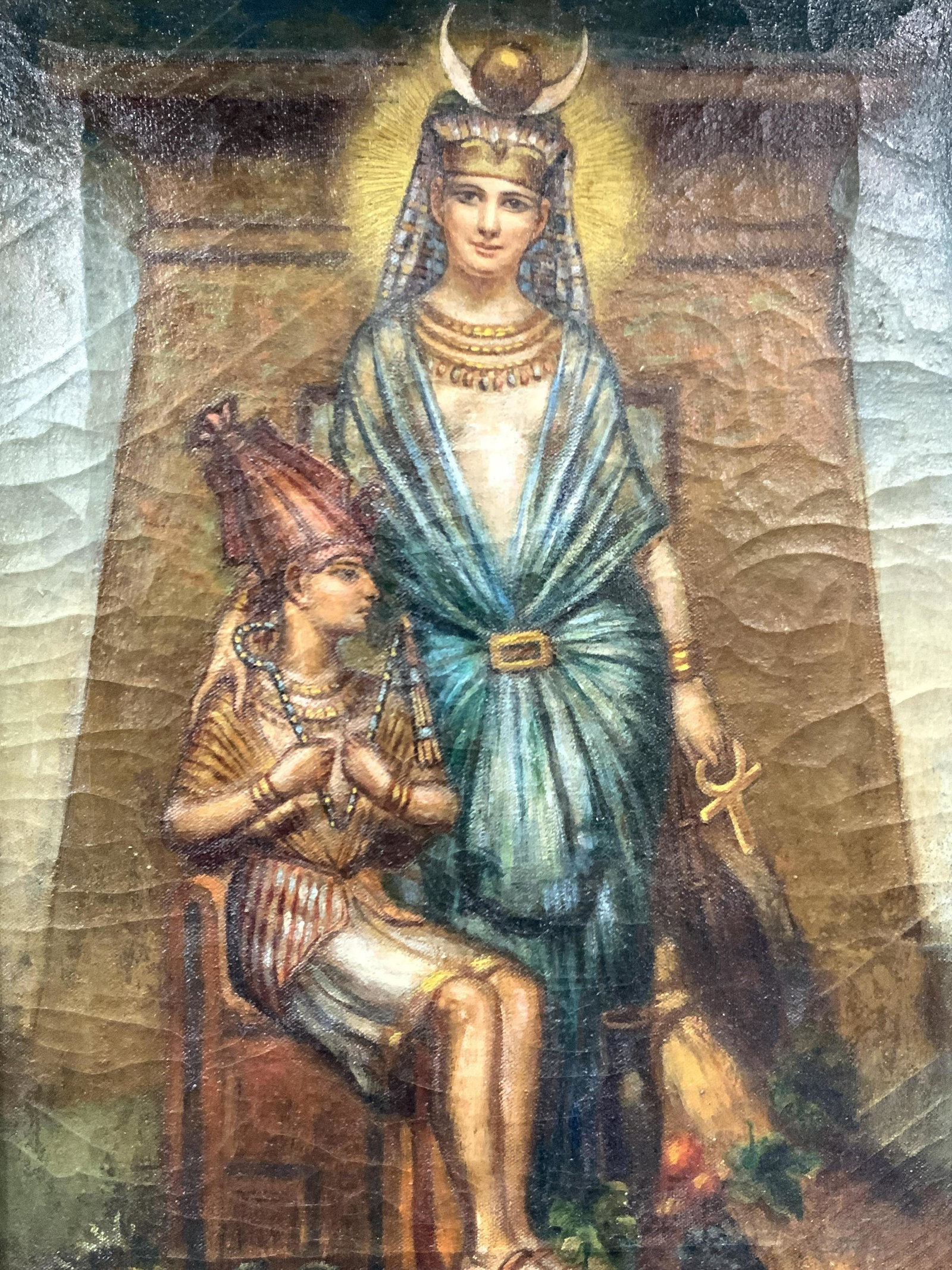 Vintage Oil Painting Egyptian Gods Hathor & Osiris: Vintage oil painting, with no discernible Signature.Depicting a woman in blue robes woman holding an Ankh in one hand and the headpiece of Hathor, next to her sits a young man depicted as the god Osir