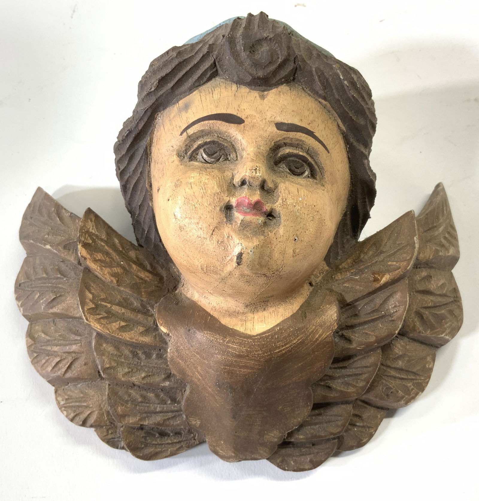 Hand Painted Carved Wooden Cherub Head Figure (1 of 6)