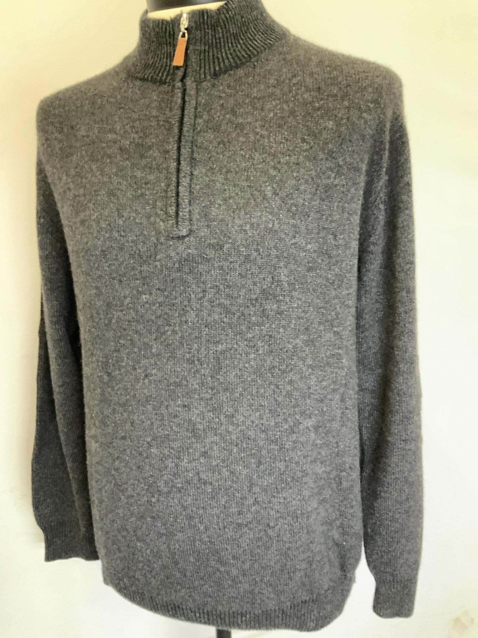 Giorgio Milano Cashmere Charcoal Tn Sweater: 100 % Cashmere sweater, Mens Size XL/ 56. signed Designer Giorgio MILANO.com with zipper shawl collar. Made in Madagascar. Charcoal grey. Medium thickness. Winter sweater, menswear, Luxury knit wear, 
