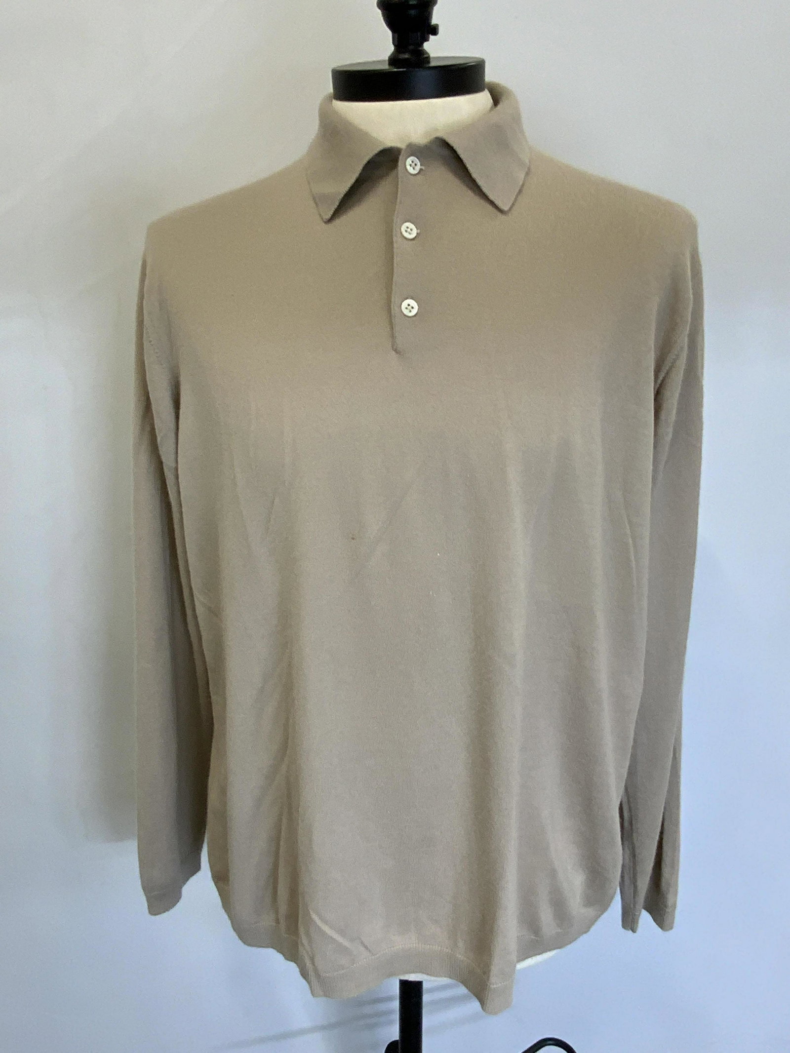 GIORGIO MILANO Beige Cashmere Sweater: Giorgio Milano beige sweater with button detail and collar. Size 56. 100% cashmere. Gently worn, some blemishes present. GIRGIO milano, Giorgio Milano sweater, mens designer sweater, mens designer fas