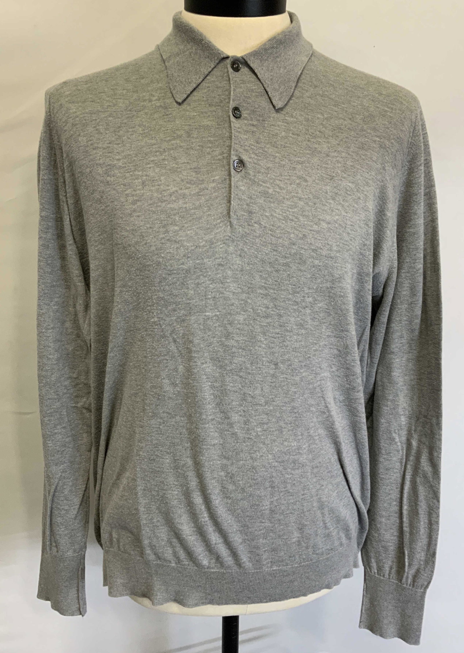 JOHN SMEDLEY Grey Cotton Knit Shirt: John SMEDLEY for Bergdorf Goodman grey knit cotton shirt with button detail and collar. S measures approx. 25 inches across chest. 100% John Smedleys sea island cotton. Some blemishes present. Made in