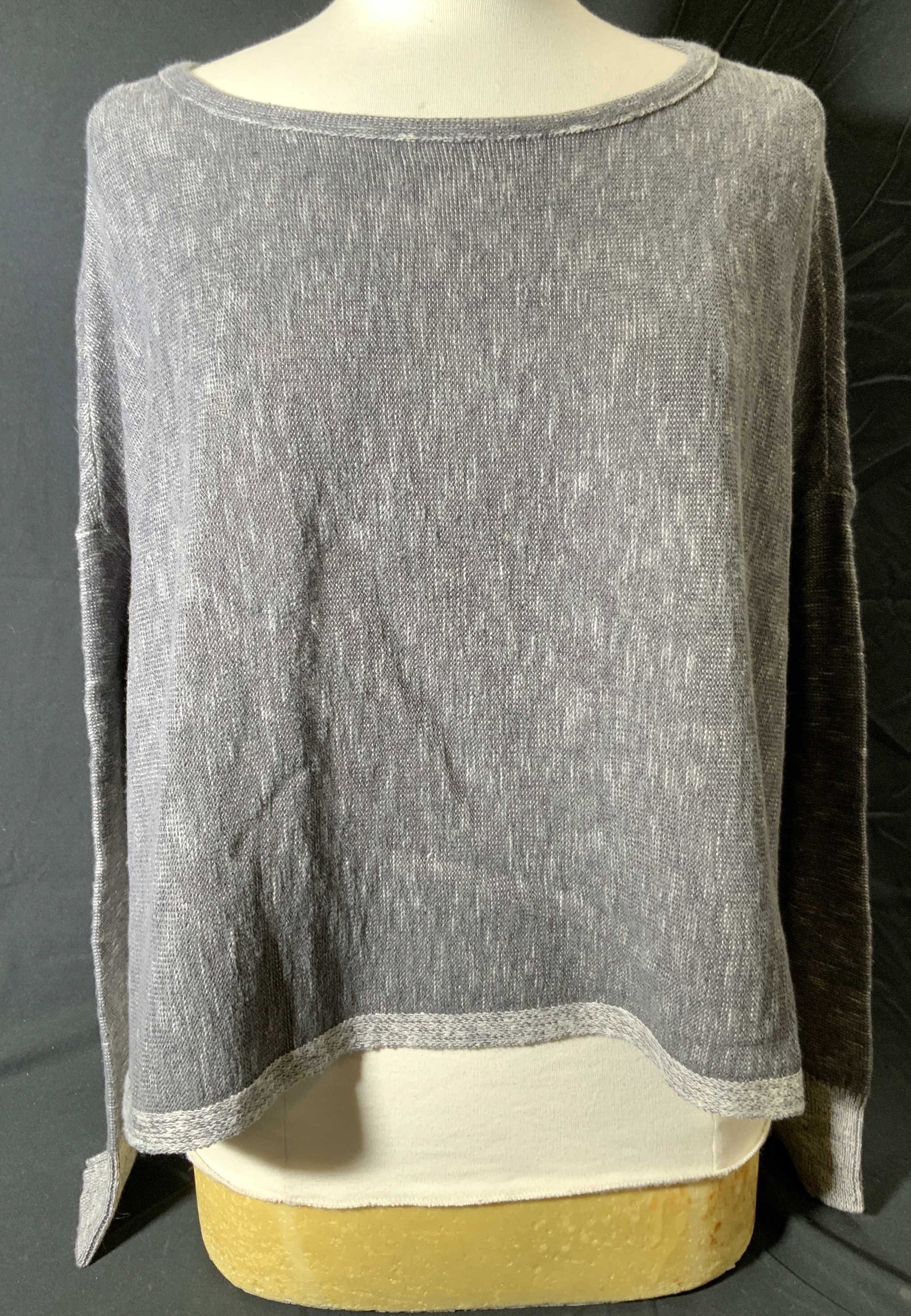 EILEEN FISHER Grey Boxy Knit Sweater: Eileen Fisher loose fit boxy knit sweater in grey. Short length, split hems at sides. Material feels like cotton. Size S. Gently worn. Eileen fisher, Eileen fisher sweater, ladies designer sweater, la
