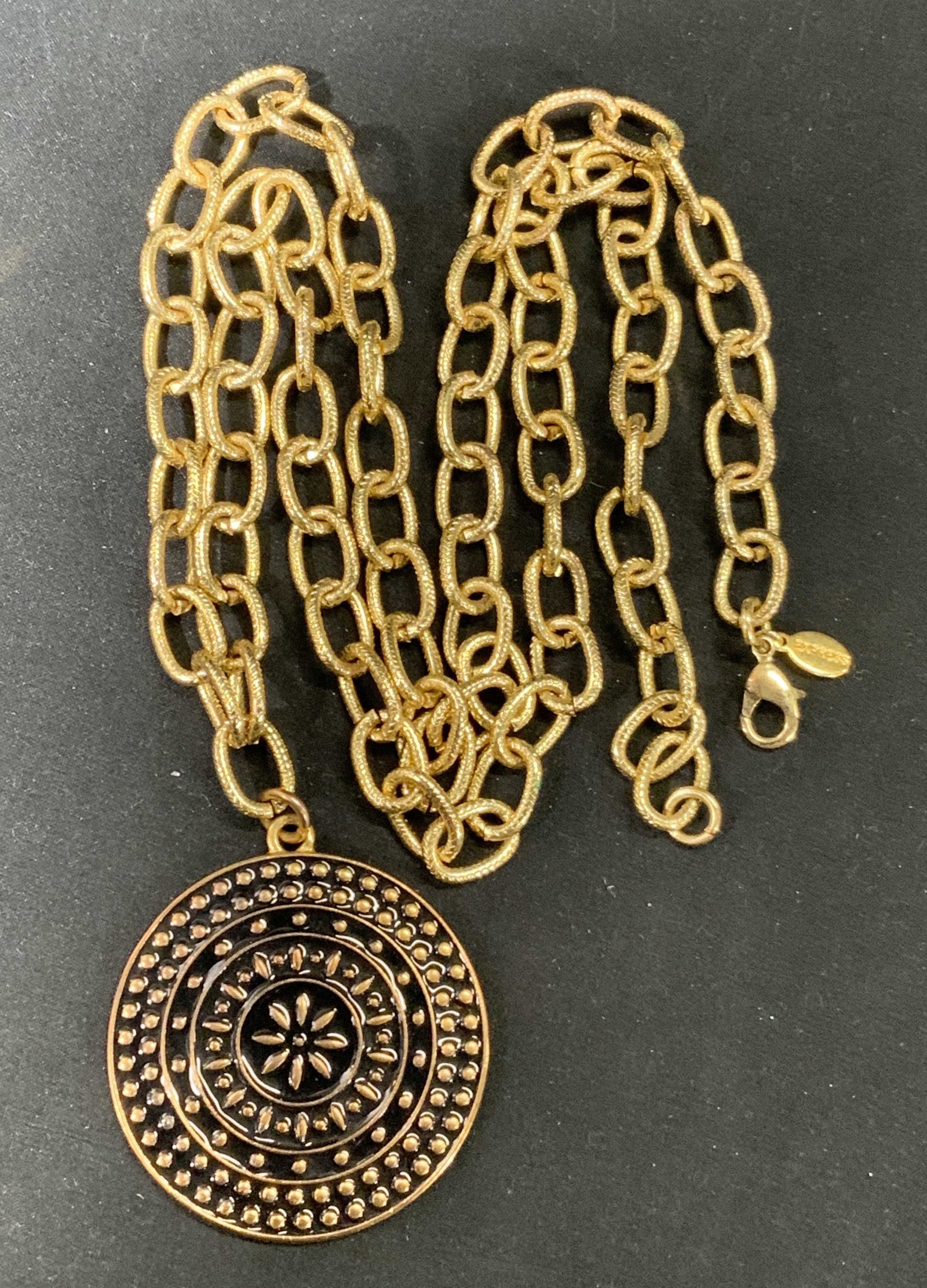 EXPRESS Gold Tone Medallion Pendant Necklace: Express gold tone chain link necklace with black enameled medallion pendant. Lobster claw clasp. Designer label to charm. Total length approx. 32 inches long. Pendant size approx. 1 7/8 inches diamete