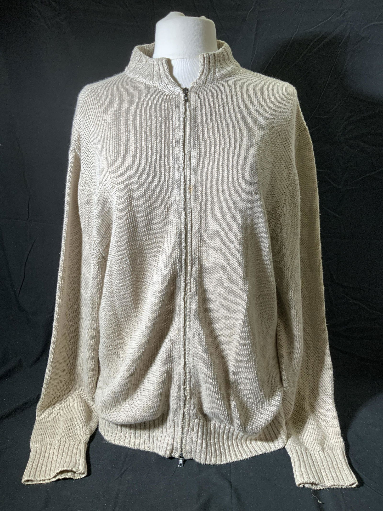 INIS MEAIN Beige Linen Zip Up Sweater: Inis MEAIN for BERGDORF Goodman beige zip up sweater. Size XL. 100% linen. Some pulling present, blemish to front. Inis MEAIN, inis MEAIN sweater, mens designer sweater, mens designer fashion, mens zi