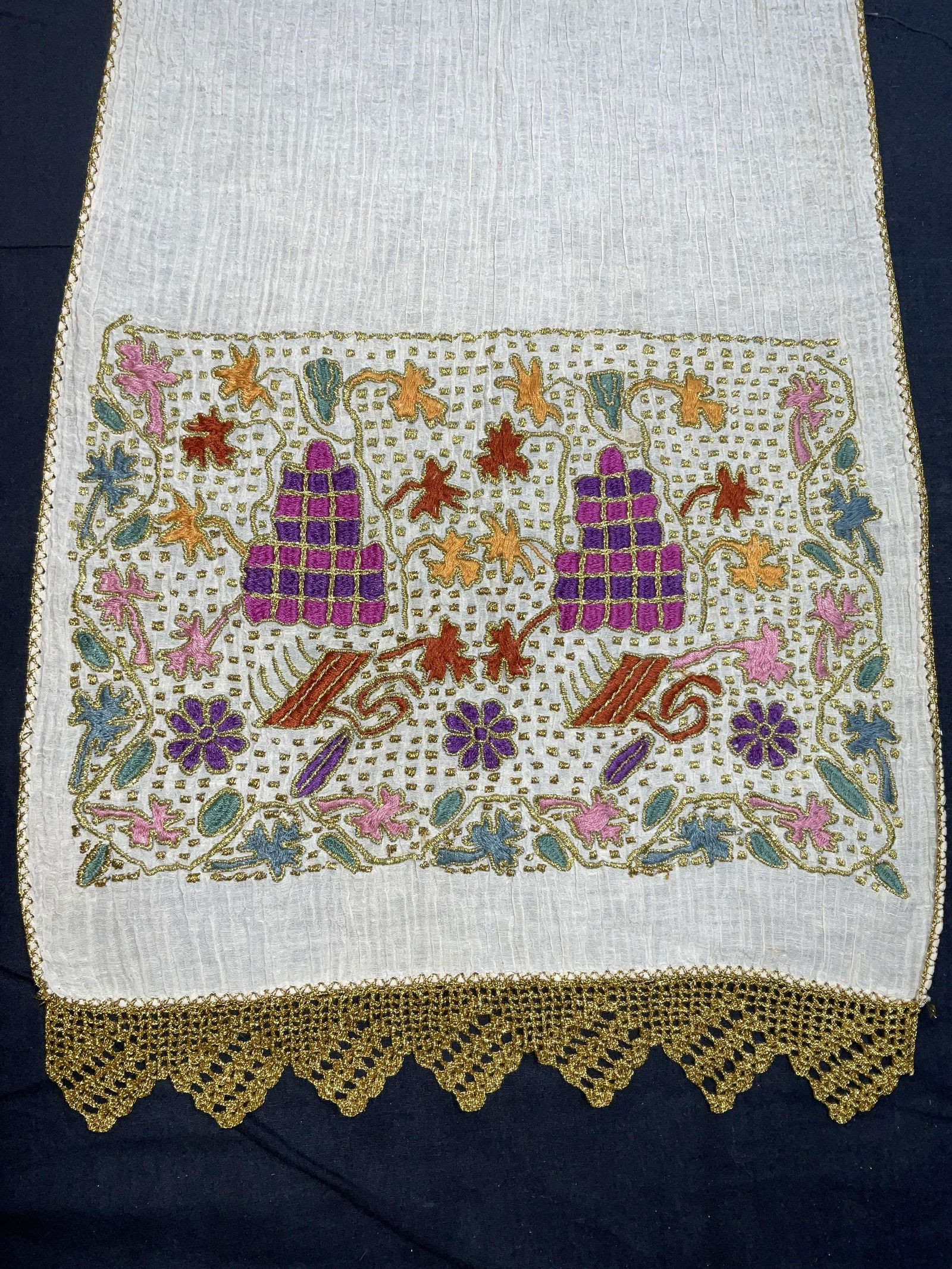 Metallic Embroidered Tabletop Decor: Metallic Embroidered Tabletop Decor. Measures approx 40.25 x 14 inches. Metallic detail throughout piece. Surface wear is consistent with age and use. Tabletop fabric, tabletop decor, lace detail, emb