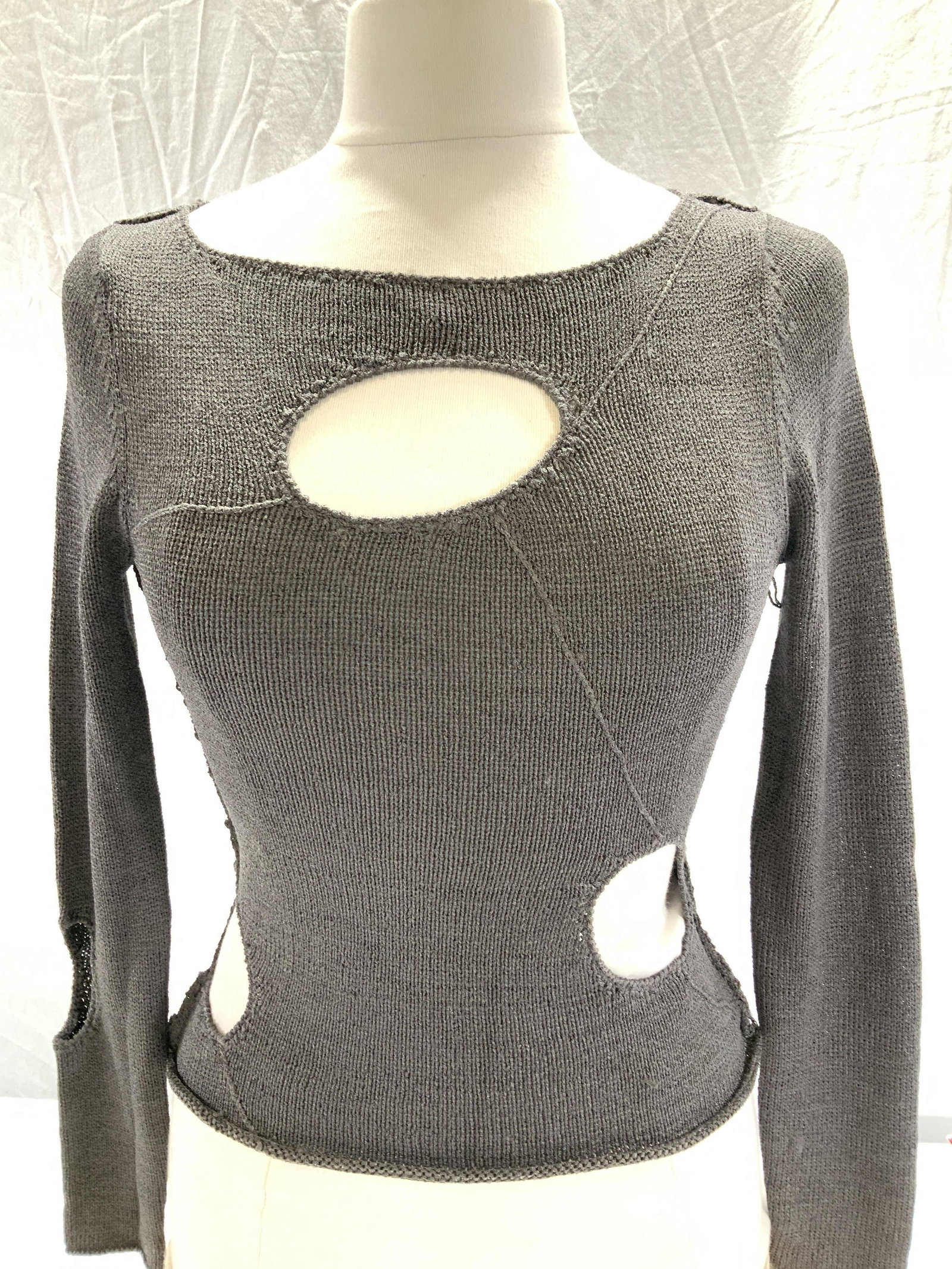 ILLIG Cut Out Viscose Grey Sweater: Tokyo brand ILLIG grey knit sweater with cut out holes. 55% viscose, 45% nylon. Size XS . Thread pull under arm, likely can tuck back through underside. Sweater, Heather grey Sweater, knitwear, Long s