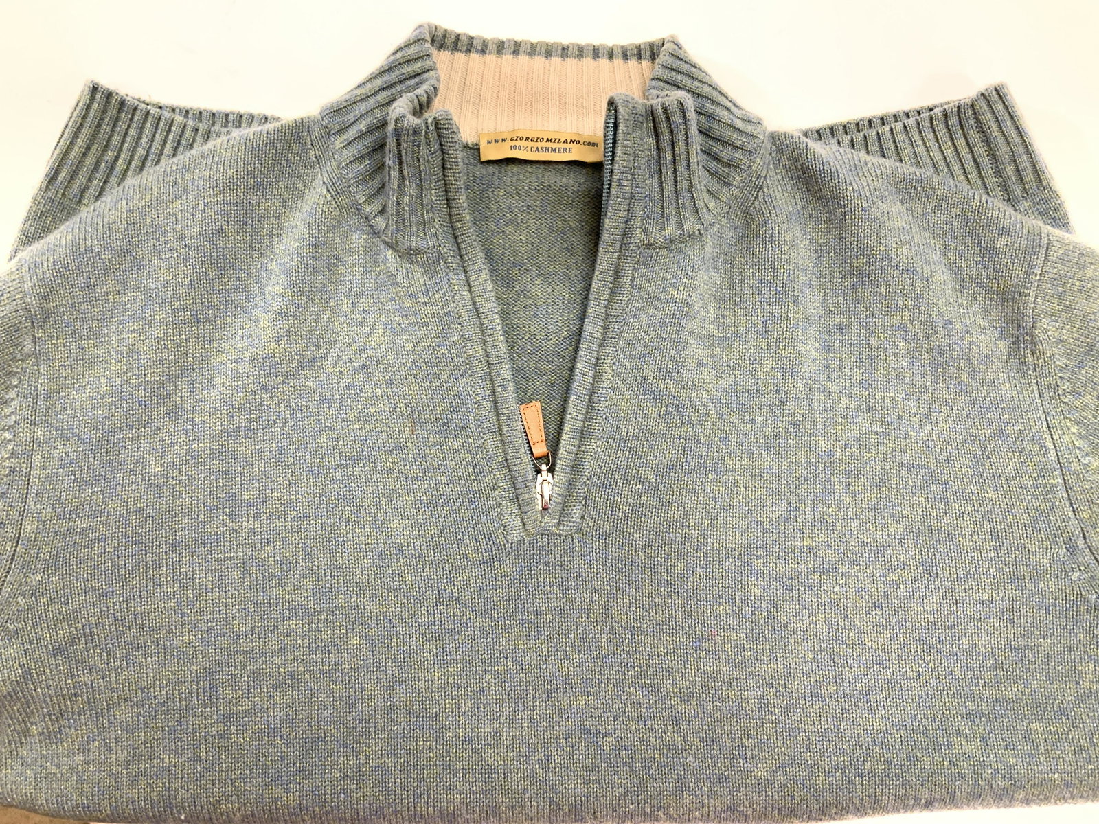 Giorgio Milano Cashmere Zipper Collar Sweater: 100 % Cashmere sweater, Mens Size XL/ 56. signed Designer Giorgio MILANO.com zipper shawl collar. Made in Madagascar. Teal green . Medium thickness. Winter sweater, menswear, Luxury knit wear, Luxury 