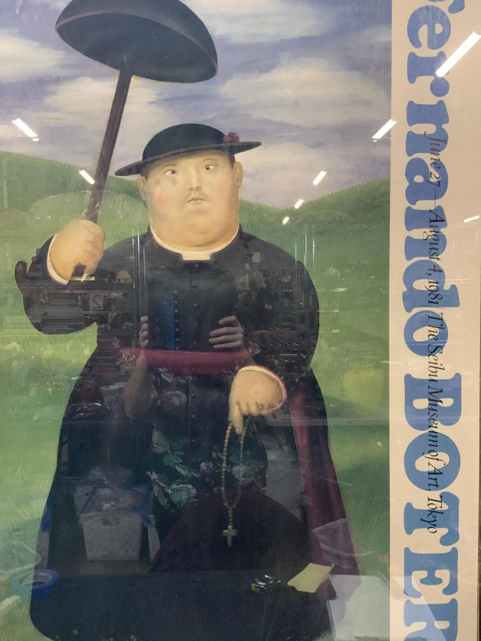 XL F.BOTERO 1981 Seibu Museum Of Art Advert: Marked on side Fernando Botero June 27- August, 4, 1981, The Seibu Museum Of Art, Tokyo. Lithograph printed on board. Subject depicts Botero painting of a full figured of person in priest robes, holdi