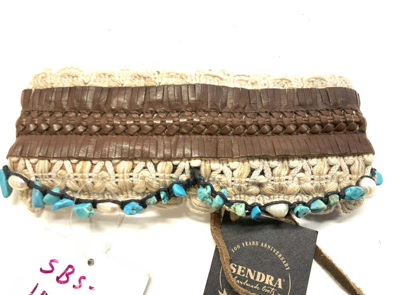 Leather and Turquoise Tie Back Choker Necklace: New with tags handmade choker necklace, made on leather with crochet style upper and lower edges with sewn in tumbled turquoise beads. 2.5 in wide, adjustable neck size. Also can be used as a garter. 