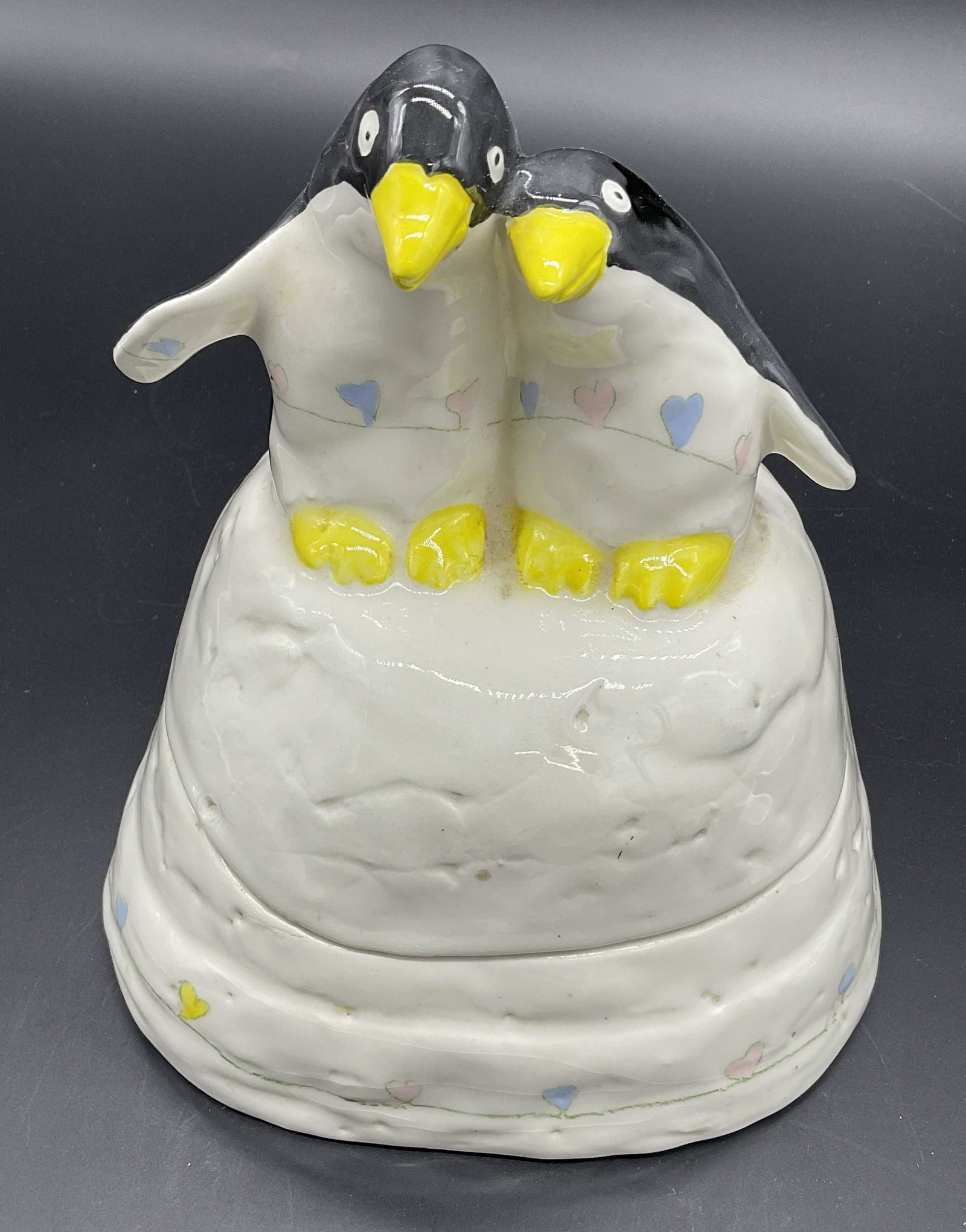 Heart Breasted Penguins Ceramic Vessel: Heart Breasted Penguins Ceramic Vessel, handmade vessel. Imperfections to piece. Measures approx 7.25 x 6 inches. Surface wear to piece consistent with age and use. 11 Penguins, ceramic vessel, home d