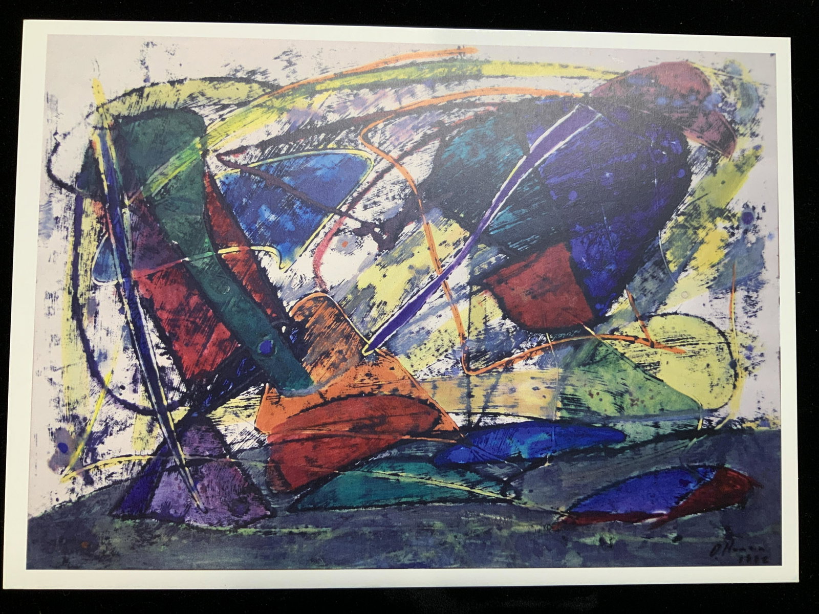 Daniel Humair Exhibition Postcard, France, Framed: 8.25 x 6 in. Exhibition Postcard of signed work by artist Daniel Humair, c. 2011 at the Clara Scremini Gallery. Framed in plain, chip to glass on corner. Overall size 9.5 x 7 in. with frameless frame.