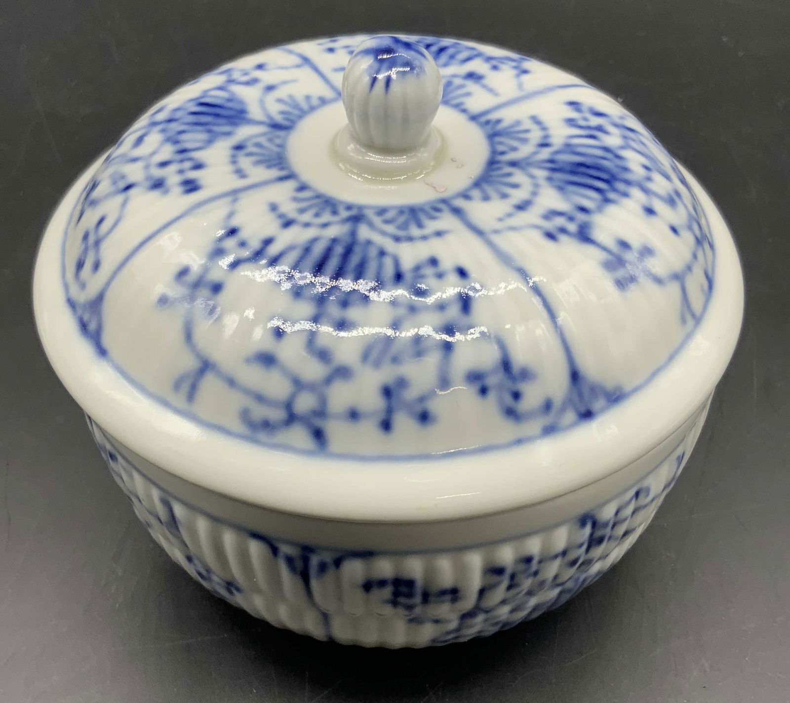 Trademarked Blue & White Porcelain Lidded Vessel (1 of 8)