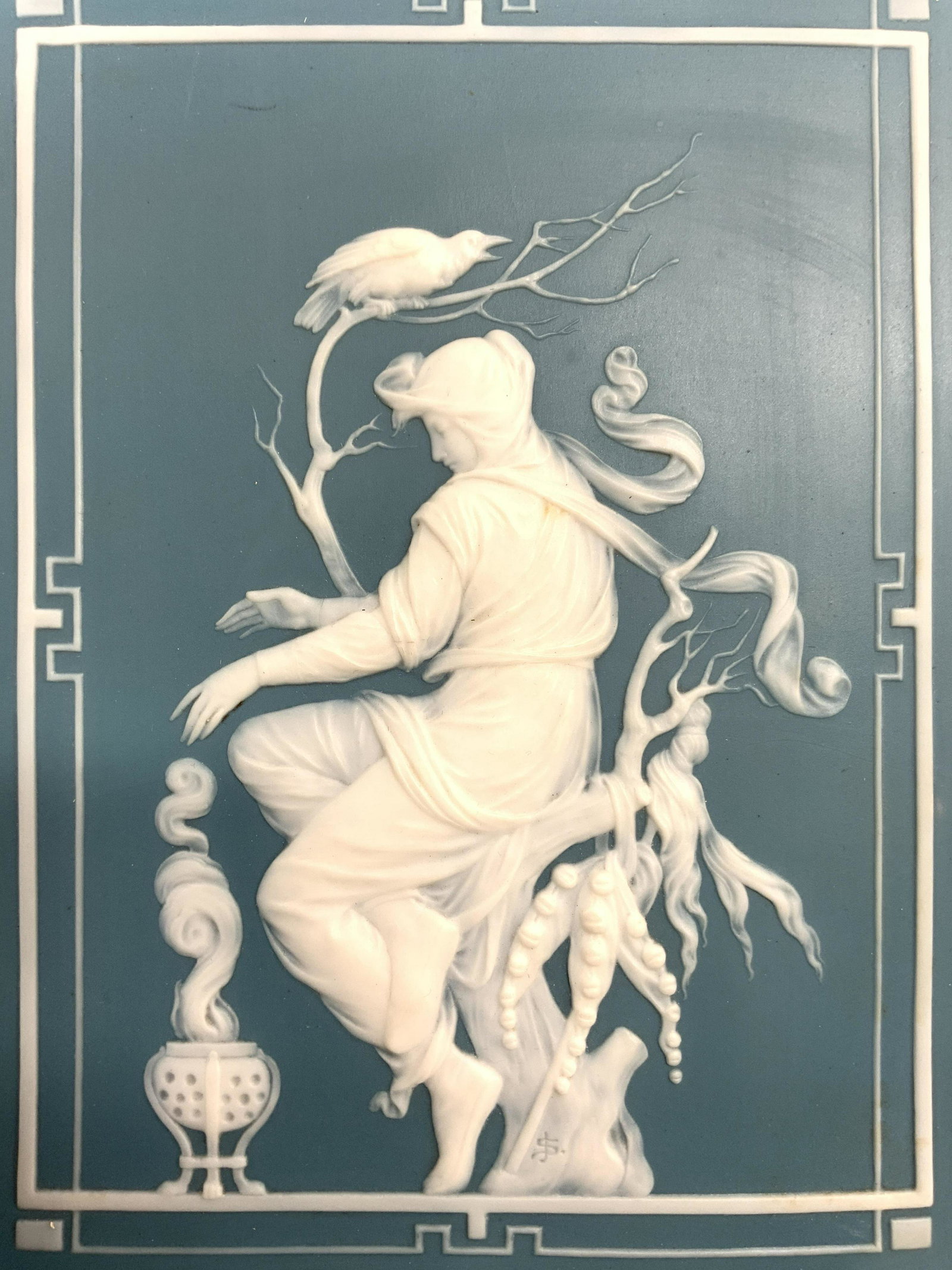 VILLEROY & BOCH METTLACH Pate Sur Pate Cameo Tile: VILLEROY & BOCH METTLACH Pate Sur Pate Cameo Tile Cameo tile is vintage possibly antique. Piece is turquoise with white toned female figure detail. Backside reads VILLEROY & BOCH METTLACH. Measures ap