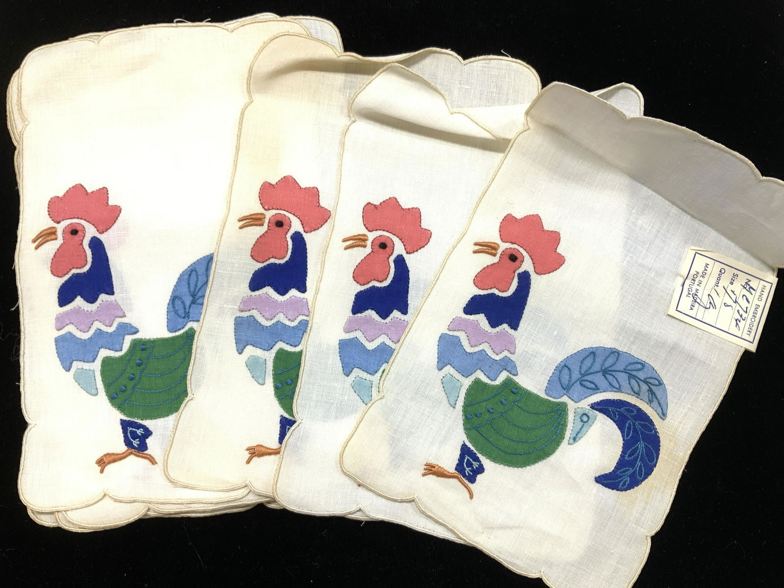 Hand Embroid Applique Linen Cocktail Napkins 8: New old stock, Made in Portugal Cocktail Napkins with applique and hand stitching odor a rooster. Measure 8 x 5 in. Original label affixed to one napkin . Discoloration consistent with oxidation. Roos