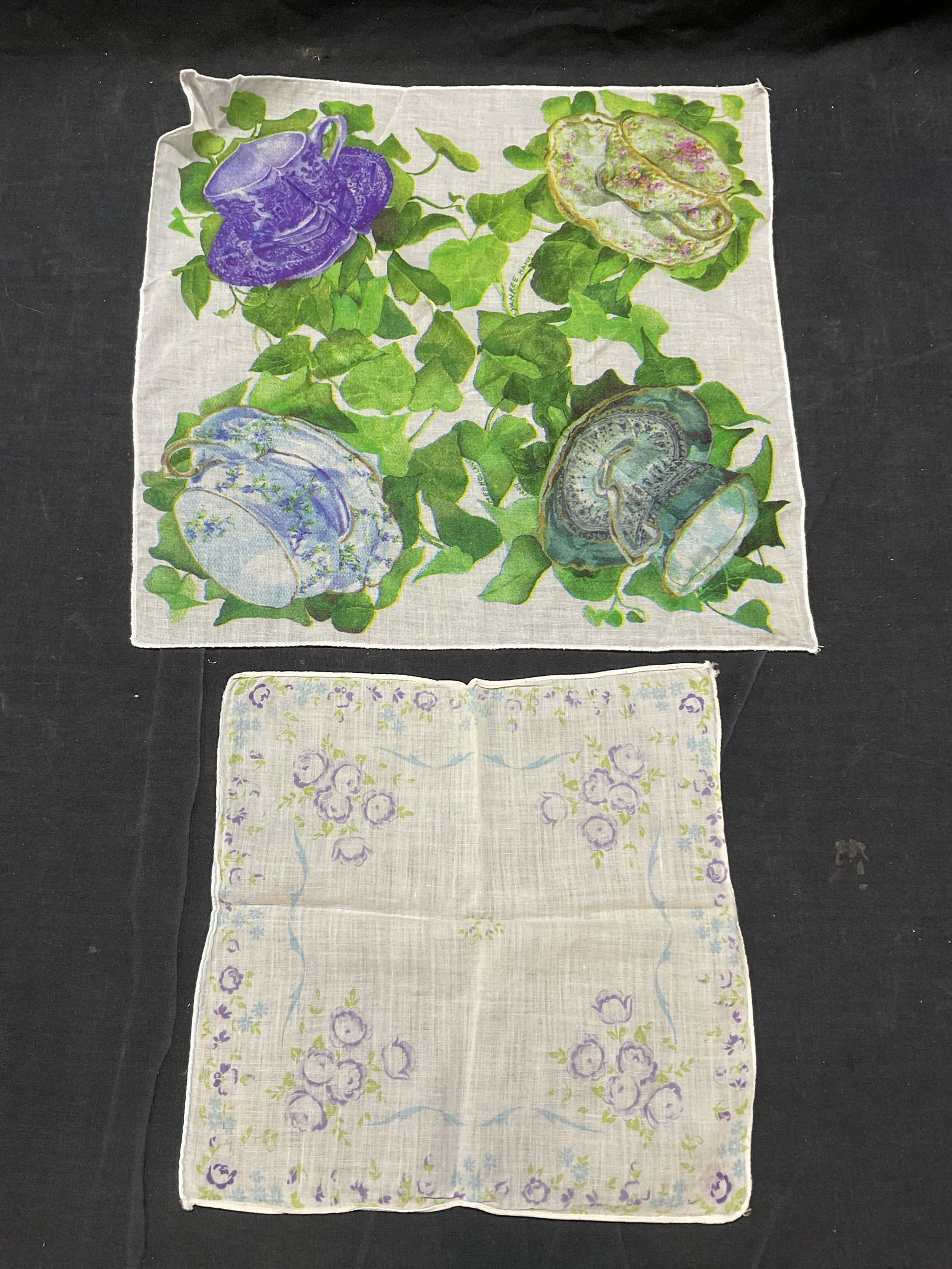 Lot 2 Floral Doilies / Handkerchief: Lot 2 Floral Doilies / Handkerchief. Largest measures approx 13.25 x 13.25 inches. Signed pieces reads ‘ mehholland 1999, yankee Hanky.’ Handkerchief, doilies, floral doilies, tabletop fabric ware
