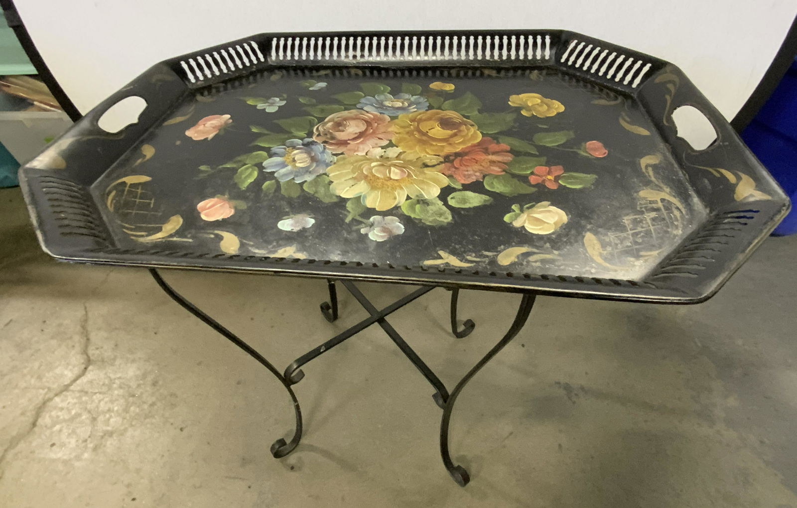 Vintage Hand Painted Floral Tole Tray Side Table (1 of 15)